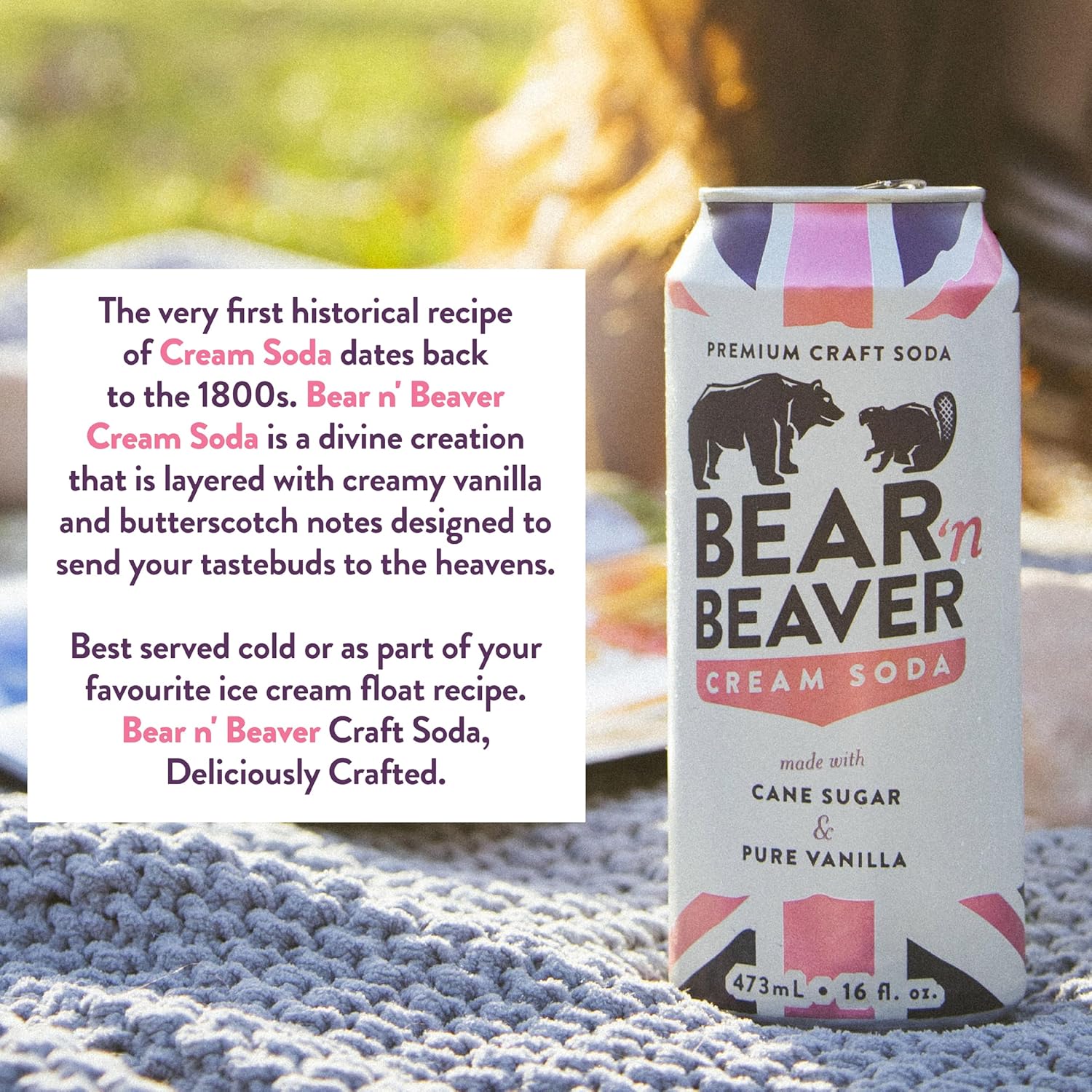 Bear 'n Beaver Premium Craft Cream Soda Soft Drinks Made with 100% Cane Sugar & Pure Vanilla - Vegan & Gluten-Free - Bold Caffeine Free Flavor for Mocktails, Floats & Mixing - 12 Pack of 16 Oz Cans