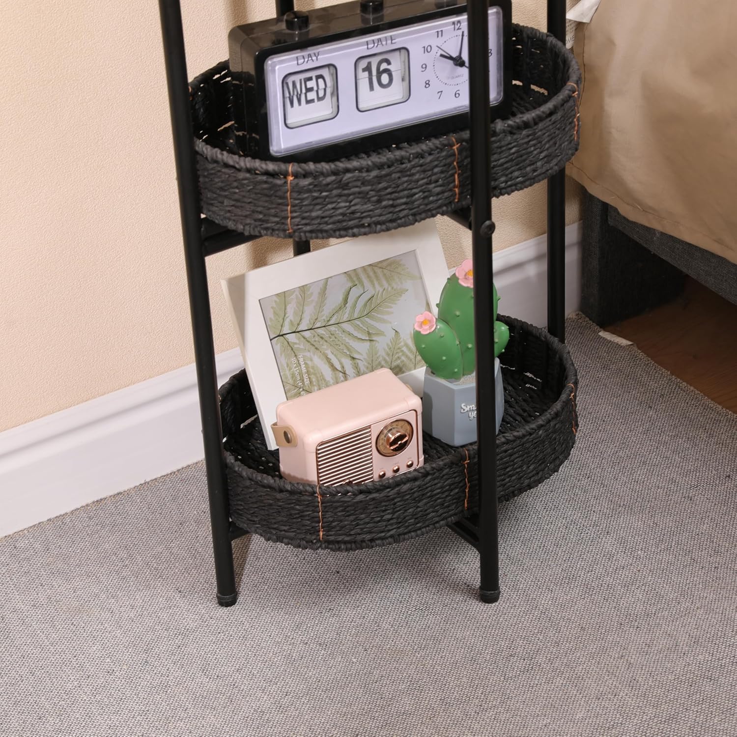 3-Tier Woven Basket Stand with Handle, Black Metal Frame with Paper Rope Baskets, Detachable Trays, Adjustable Feet, 11.8"L x 28"H (Black)