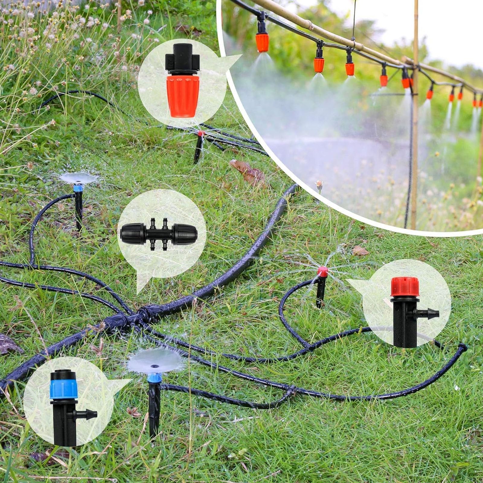 Completo Di Irrigazione A Goccia Fai Da Te: Tubo Principale Da 8 M + Tubo Di Diramazione Da 60 M Con Spruzzatori Regolabili Versatili (3 Tipi Di Ugelli) Per Giardino, Serra,A