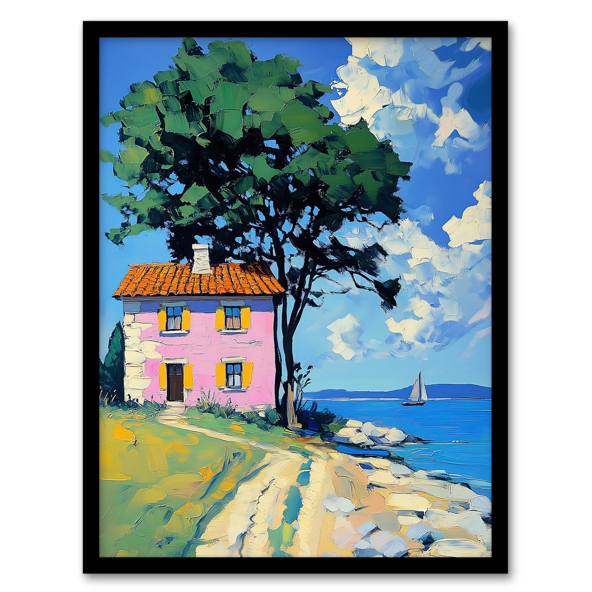 Artery8 Pink Village Cottage Coastal Greece Landscape Living Room Artwork Framed Wall Art Print A4