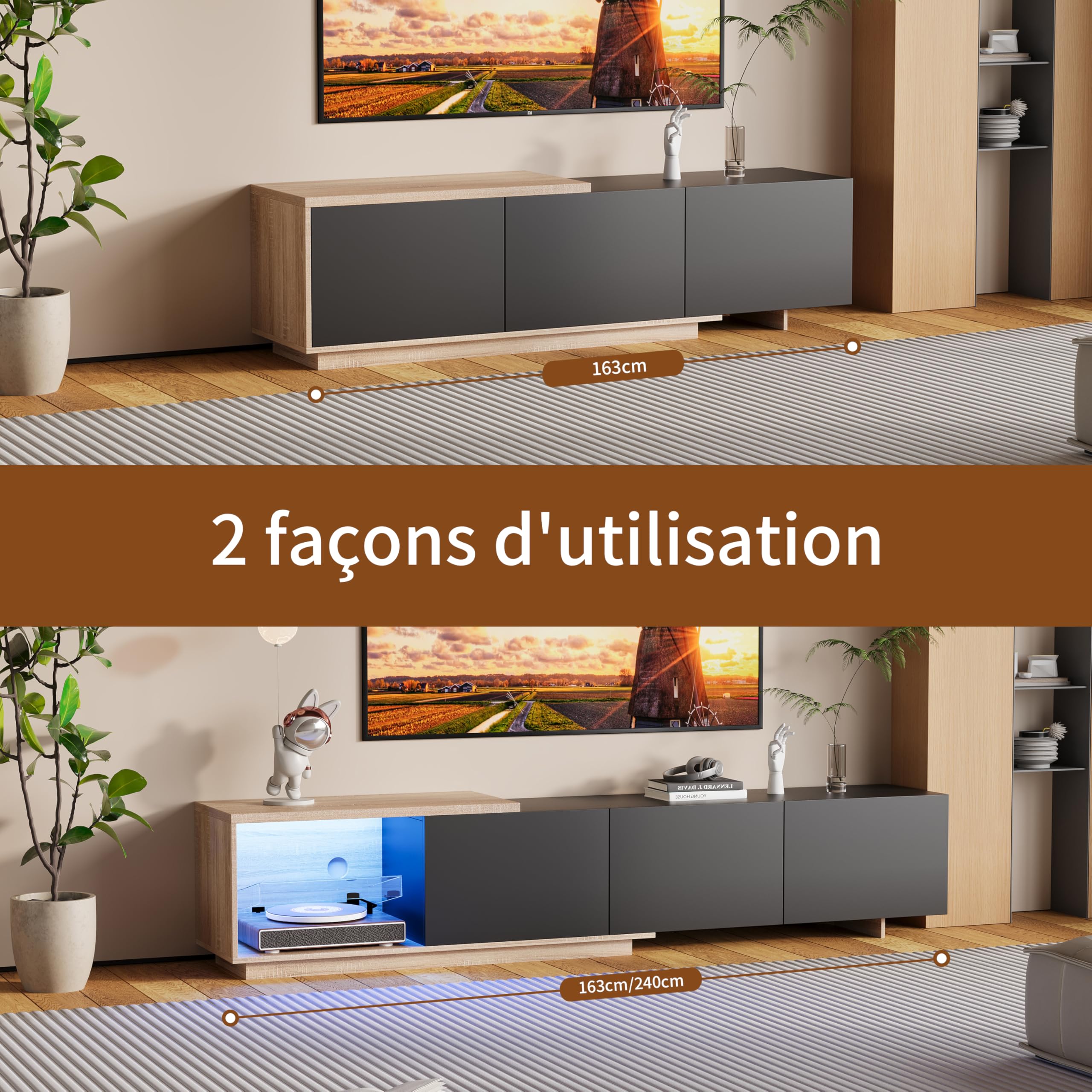 LIVLUX Meuble TV Moderne avec 3 Portes de Rangement et Étagères en Verre Intégrées, Lumières LED Variables, Convient pour Salon ou Chambre (Noir+Ton Bois, 240 x 38 x 44 cm)
