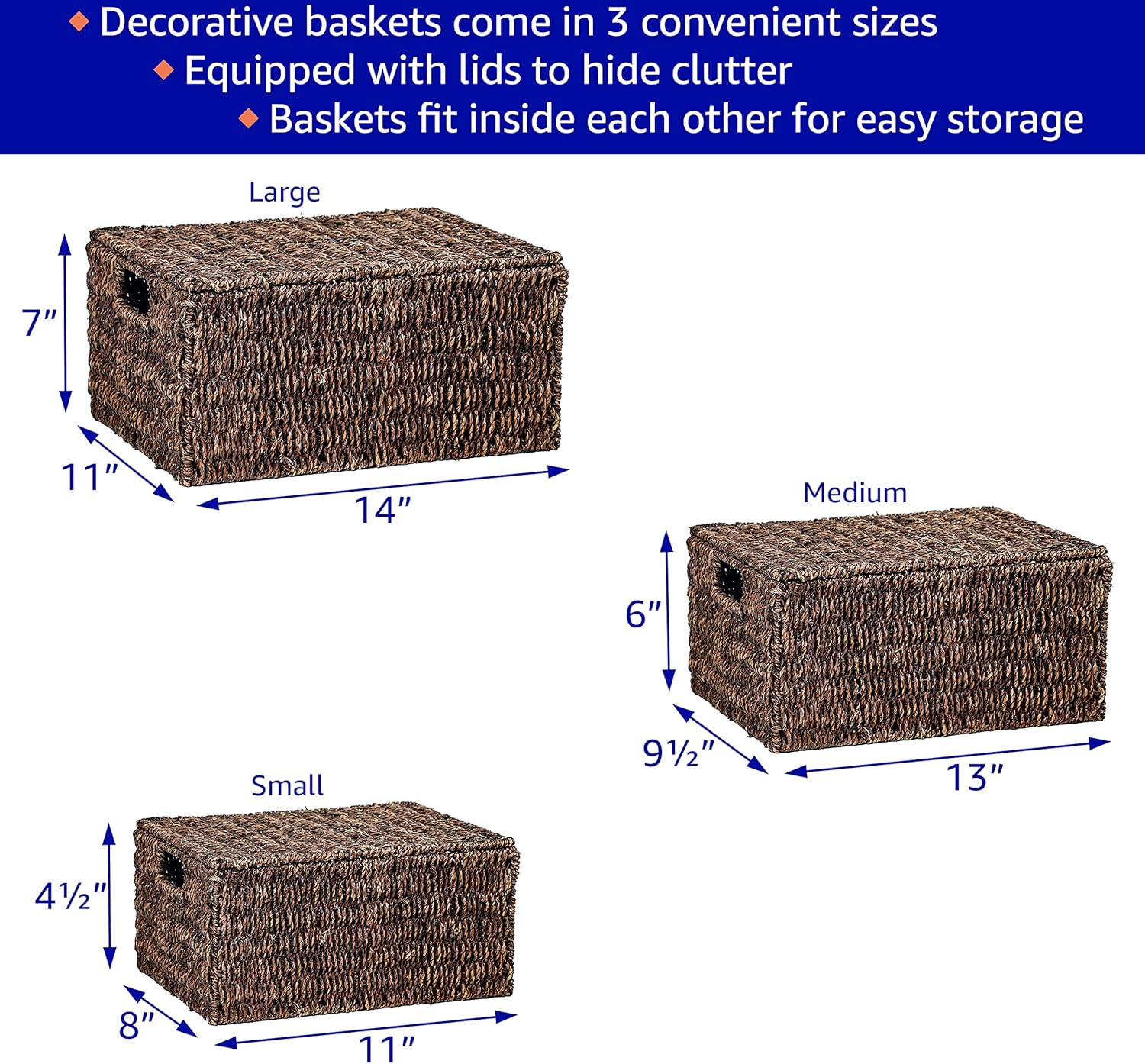 Trademark Innovations Set of 3 Rectangular Seagrass Baskets with Lids, Brown (Small)