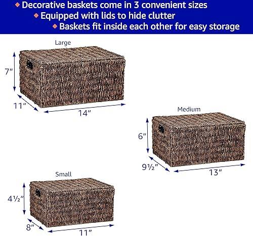 Miniatura 9 de Trademark Innovations Juego de 3 cestas rectangulares de hierba marina con tapas (tamaño grande)