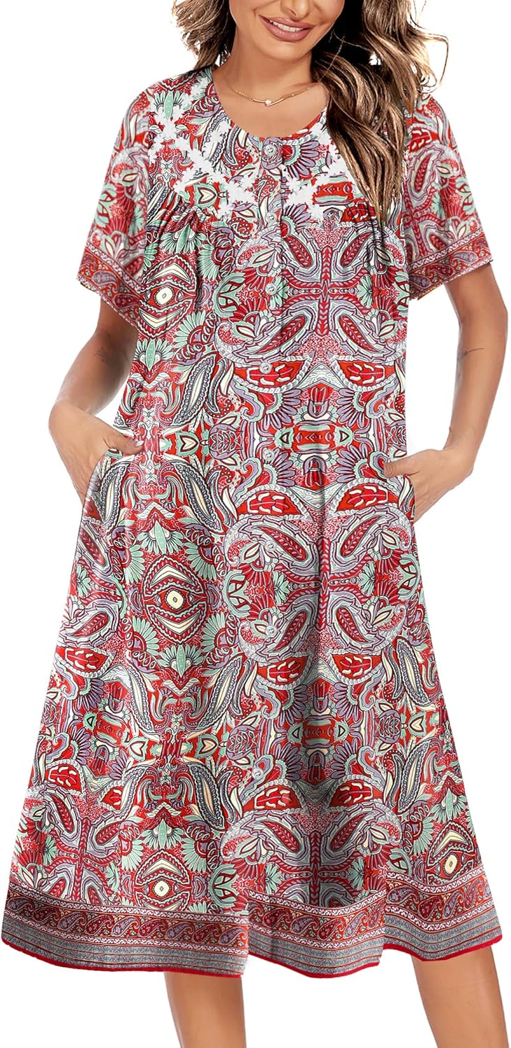 Womens buttondown house dress with short sleeves and pockets