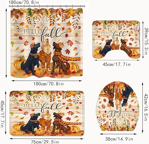 Miniatura 2 de Juego de 4 cortinas de ducha de otoño con diseño de calabaza y hojas de arce para perro, cortina de ducha impermeable con alfombra de baño