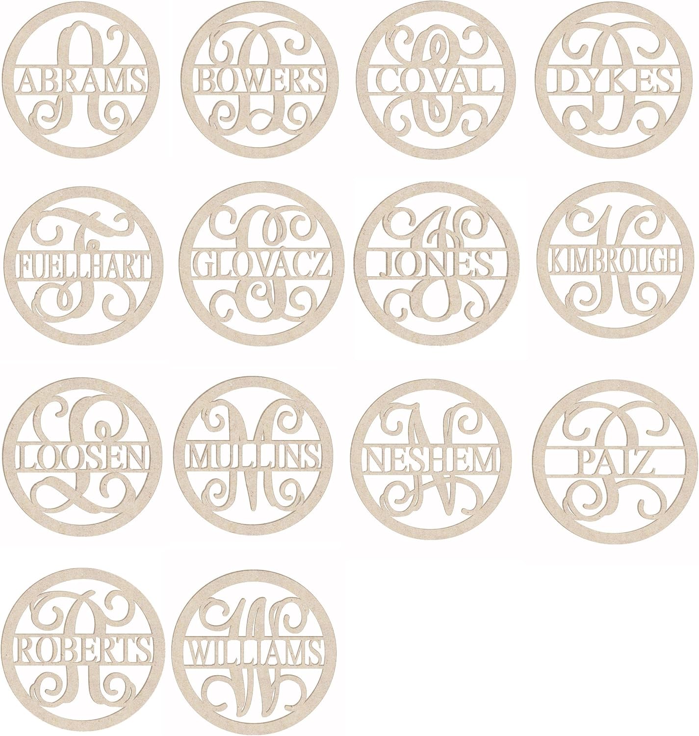 16" Personalized Circle Frame Family Name Monogram Cutout, Unfinished Wood Unpainted (Sizes 12" - 30")