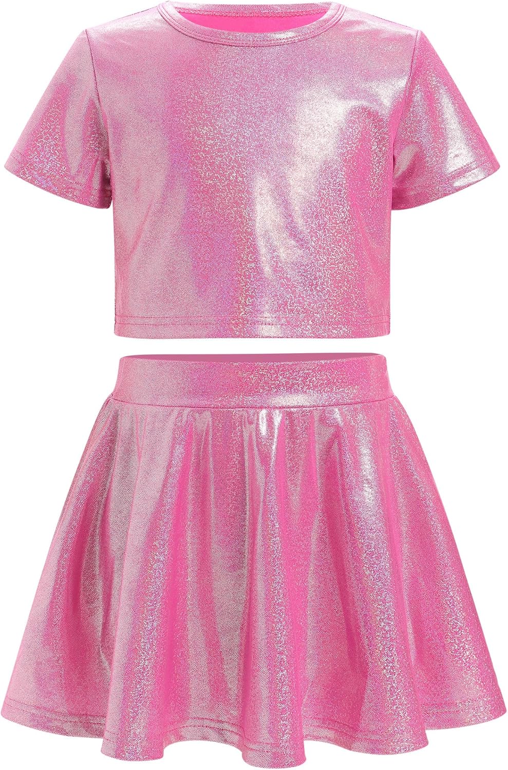 ODASDO Kids Girl Shiny Metallic Short Sleeve Crop Top with Pleated Skirt Set Sparkly Stage Performance Dancewear