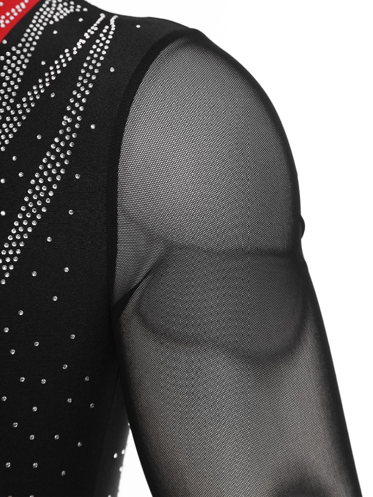 Camisa de baile latino para hombre, manga larga, cuello en V, retazos de malla brillante, body con diamantes de imitación estándar jazz salón de baile traje de leotardo