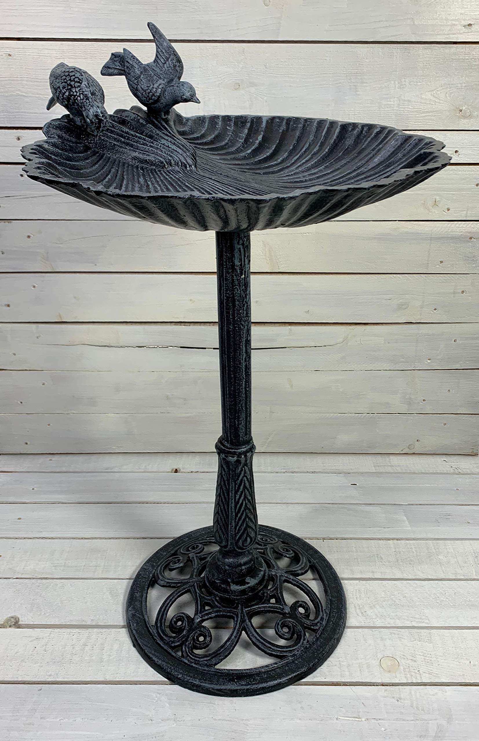 Moritz Bebedero para pájaros de 78 cm de alto, hierro fundido, verde macizo, para jardín, baño para pájaros con soporte, diseño antiguo