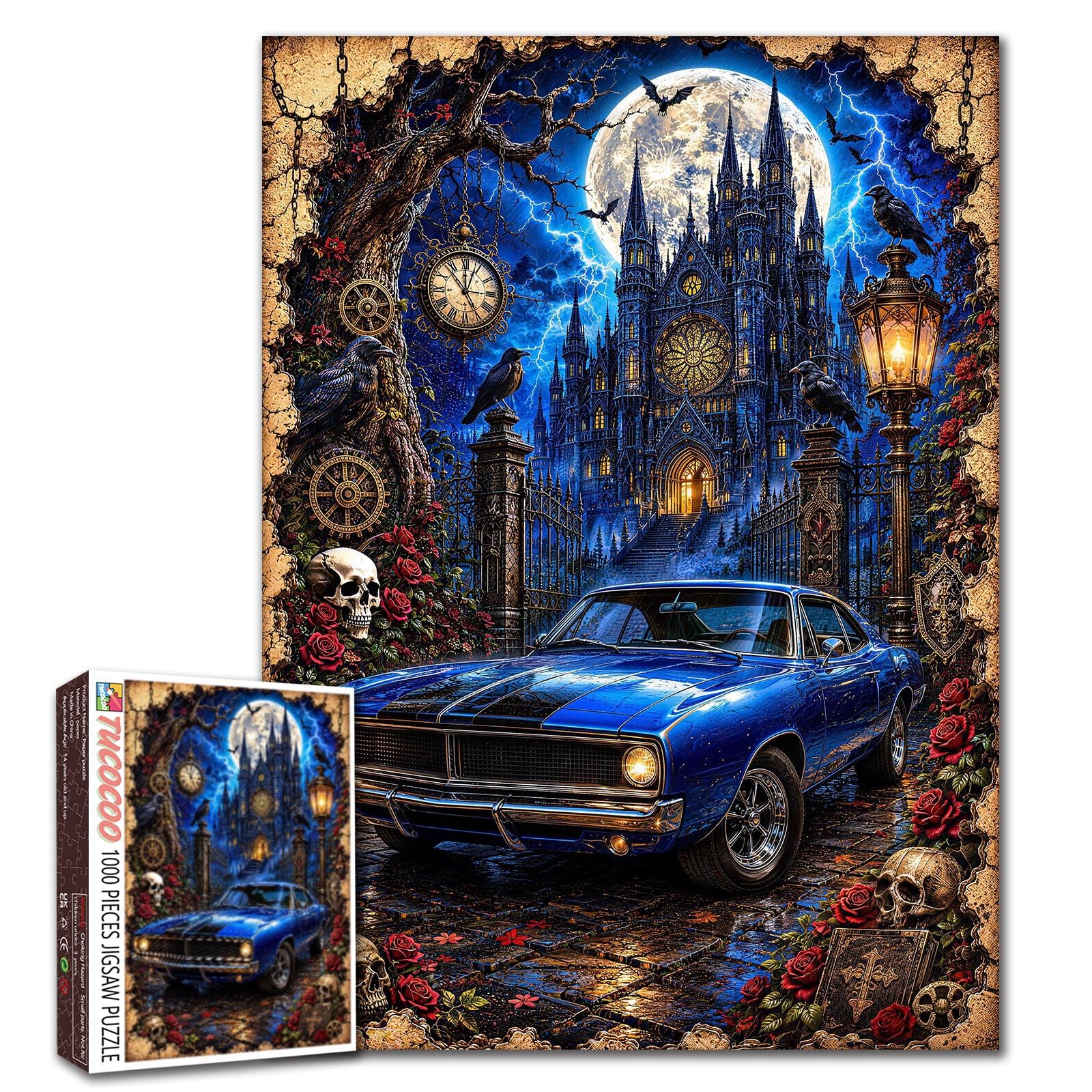 Gothic Castle Car Puzzle Skull Jigsaw Halloween Dark Fantasy 1000 Pieces Puzzles for Adults Beginner Gothic Style Picture Challenging Family Activity Games DIY Crafts Puzzle for Home Decor Gifts โ image 1