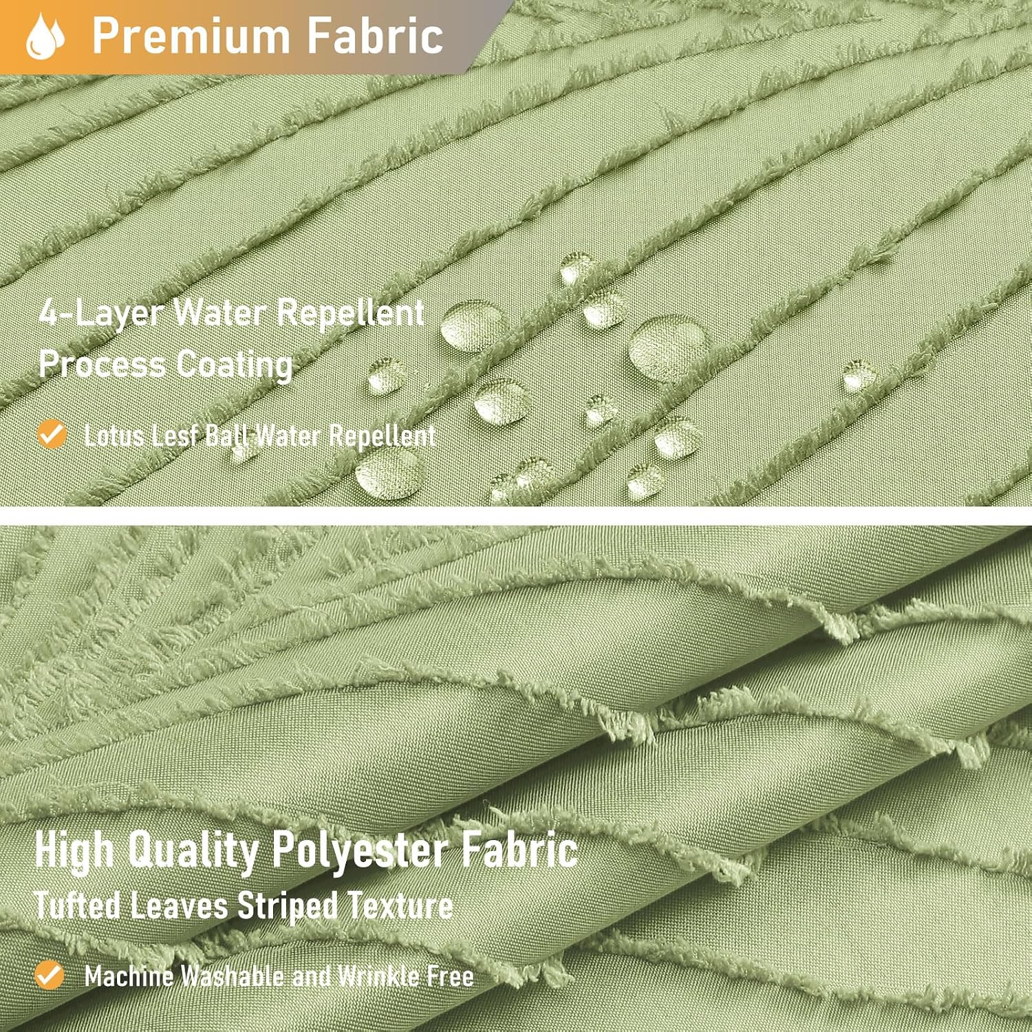 BTTN Sage Green Boho Tufted Leaves Textured Striped Shower Curtain, 72x72
