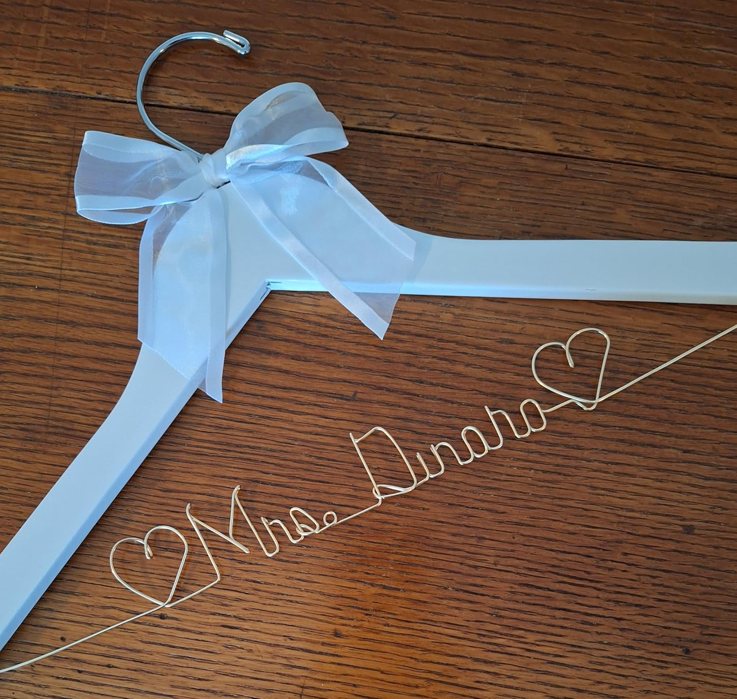 Bride Wedding Dress Hanger Gold Wire Writing, Personalized, Mrs., Choice of 10 Bow Colors - Bride Name - Quality White or Dark Wood Hanger with Notches - Bridal Gift with or Without Wedding Date
