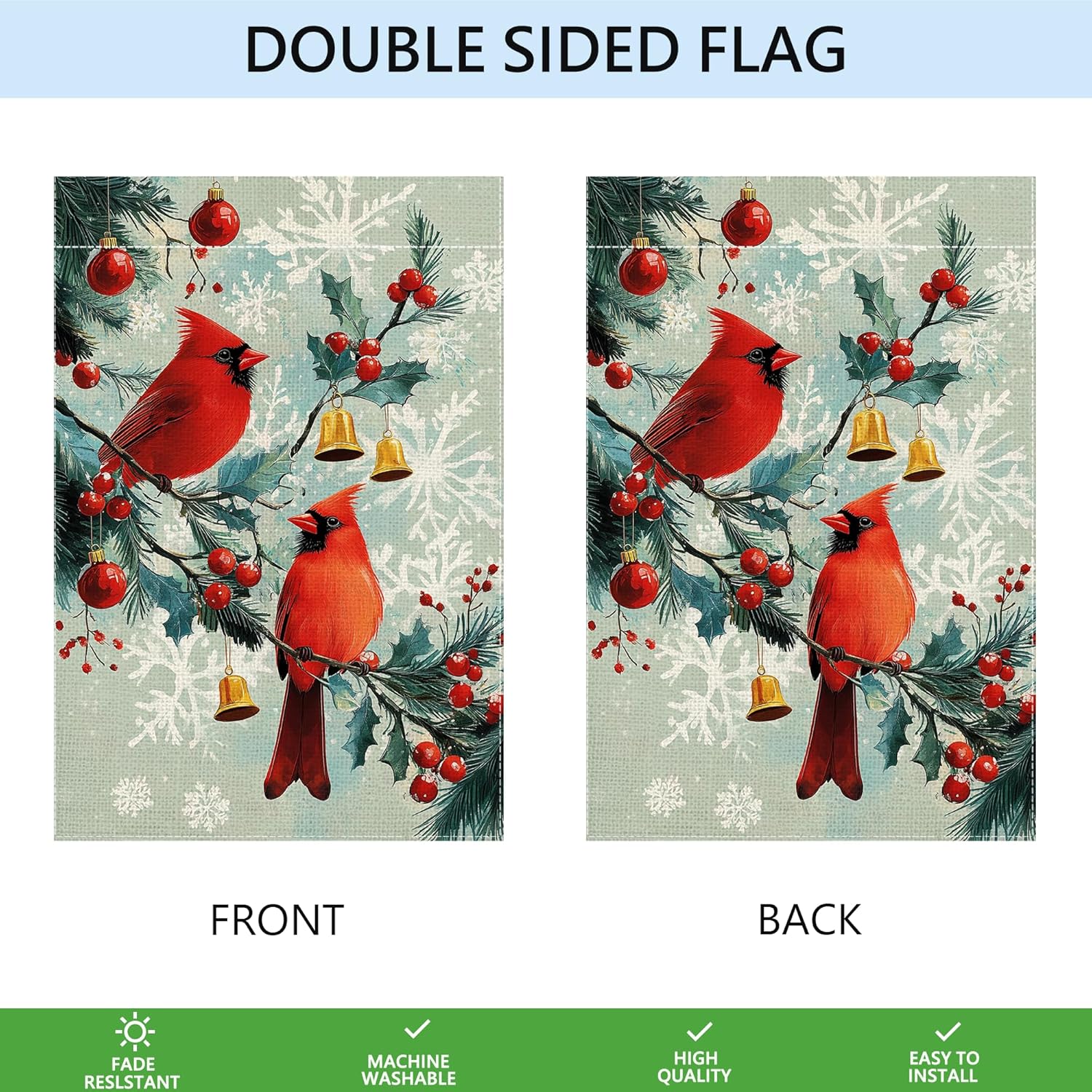 Winter Red Bird Snowflake Garden Flag 12x18 Inch Double Sided Cardinal Xmas Ball Christmas Bell Yard Outdoor Flag House Holiday Outside Decoration - Image 7