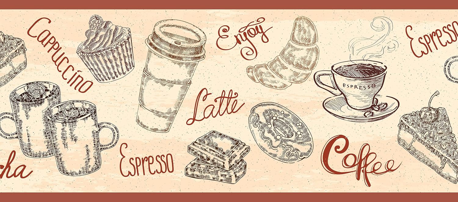 Grace & Gardenia GB80011g8 Coffee Illustrations Peel and Stick Wallpaper Border 8in Height x 15ft Beige Brown Burgundy Designs
