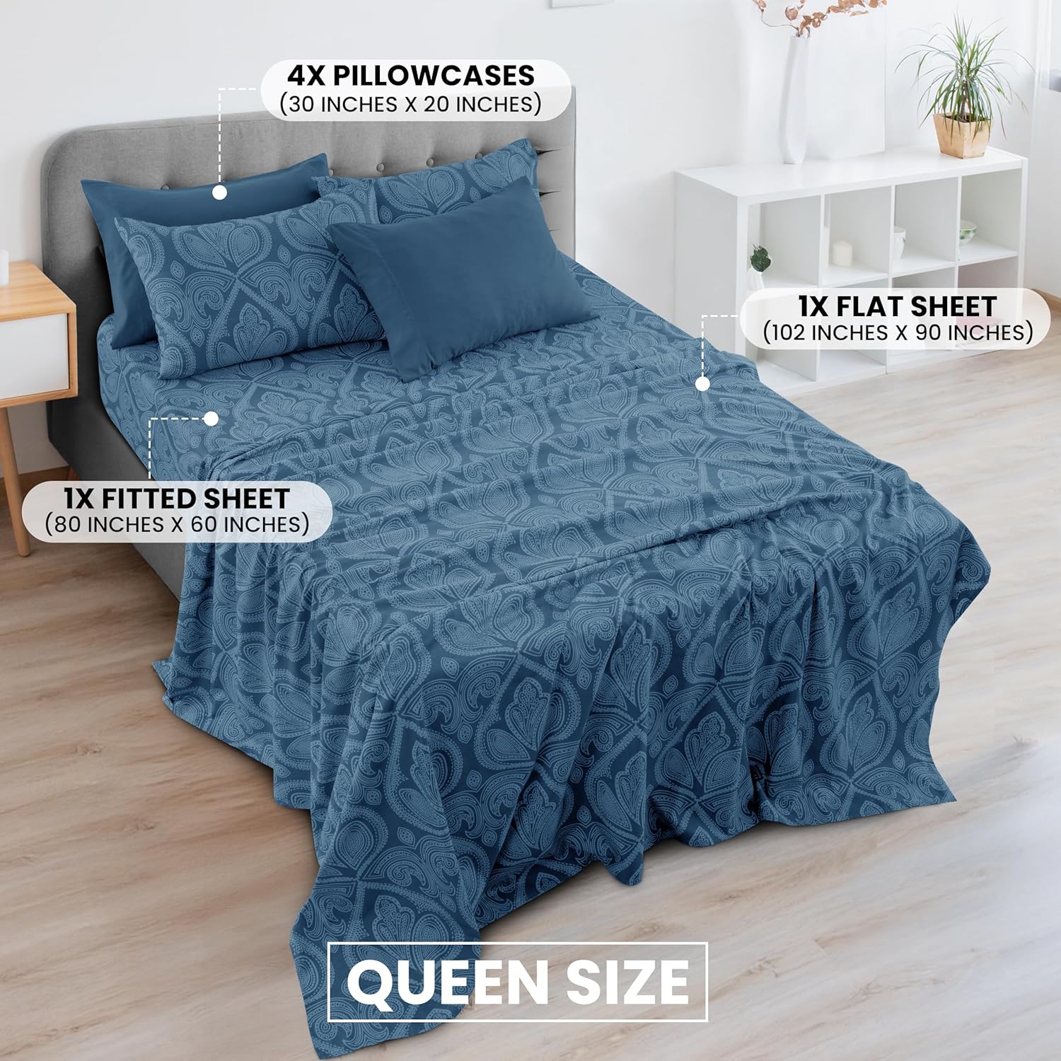 Ultra Soft Wrinkle-Free Microfiber Paisley Queen Sheet Set, Breathable Boho Bed Sheet Set – 16" Deep Pocket Fitted Sheet, Flat Sheet & 4 Pillowcases, Juegos de Sábanas, OEKO-TEX - Navy Blue - Image 2