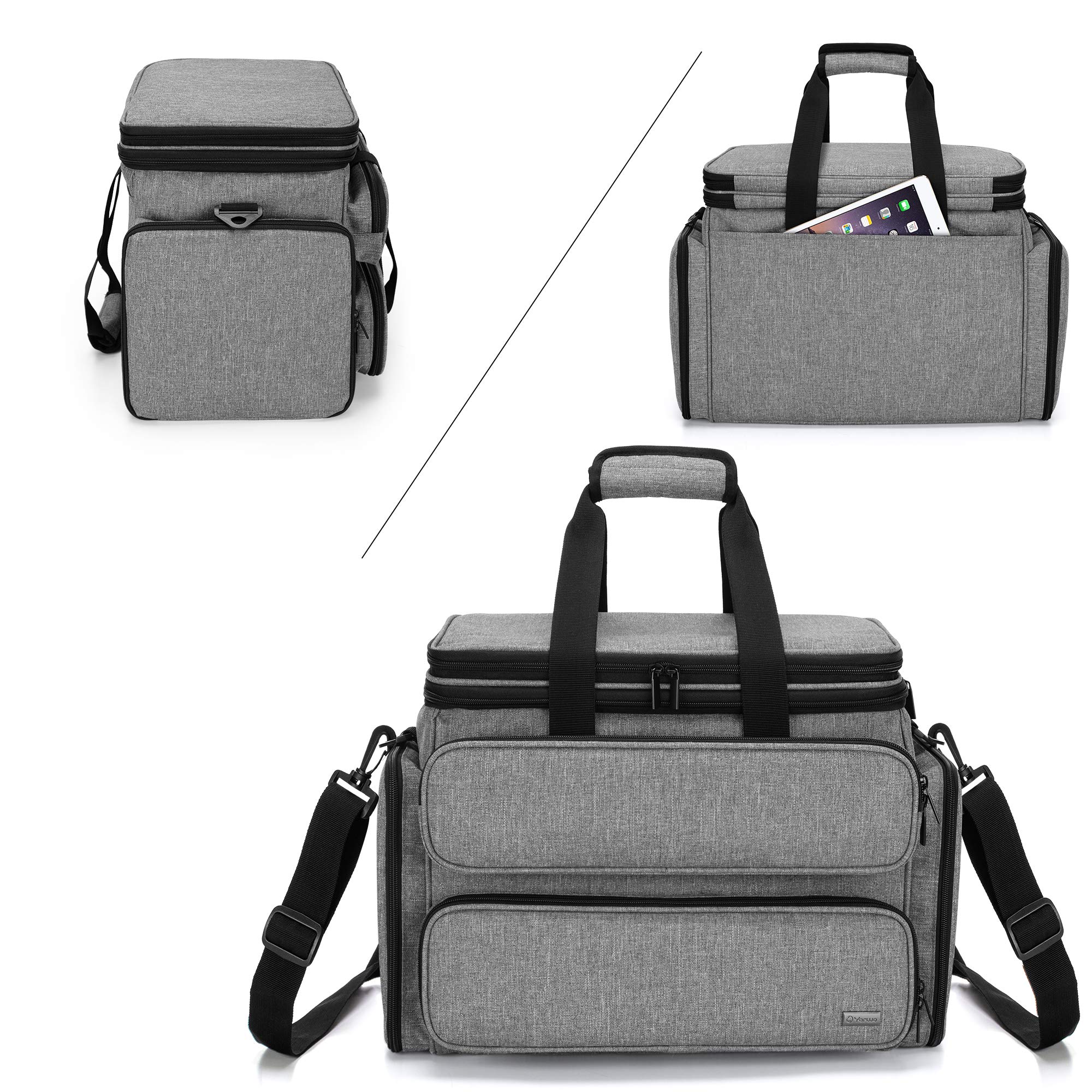 Yarwo Sac à Tricoter, Sac pour Pelotes de Laine, Aiguille a Tricoter, Fil de Laine, Organisateur avec Couverture Supérieure Double et Multiples Poches pour Accessoires Tricot et Crochet, Gris | Organisateur avec couverture supérieure double et multiples p