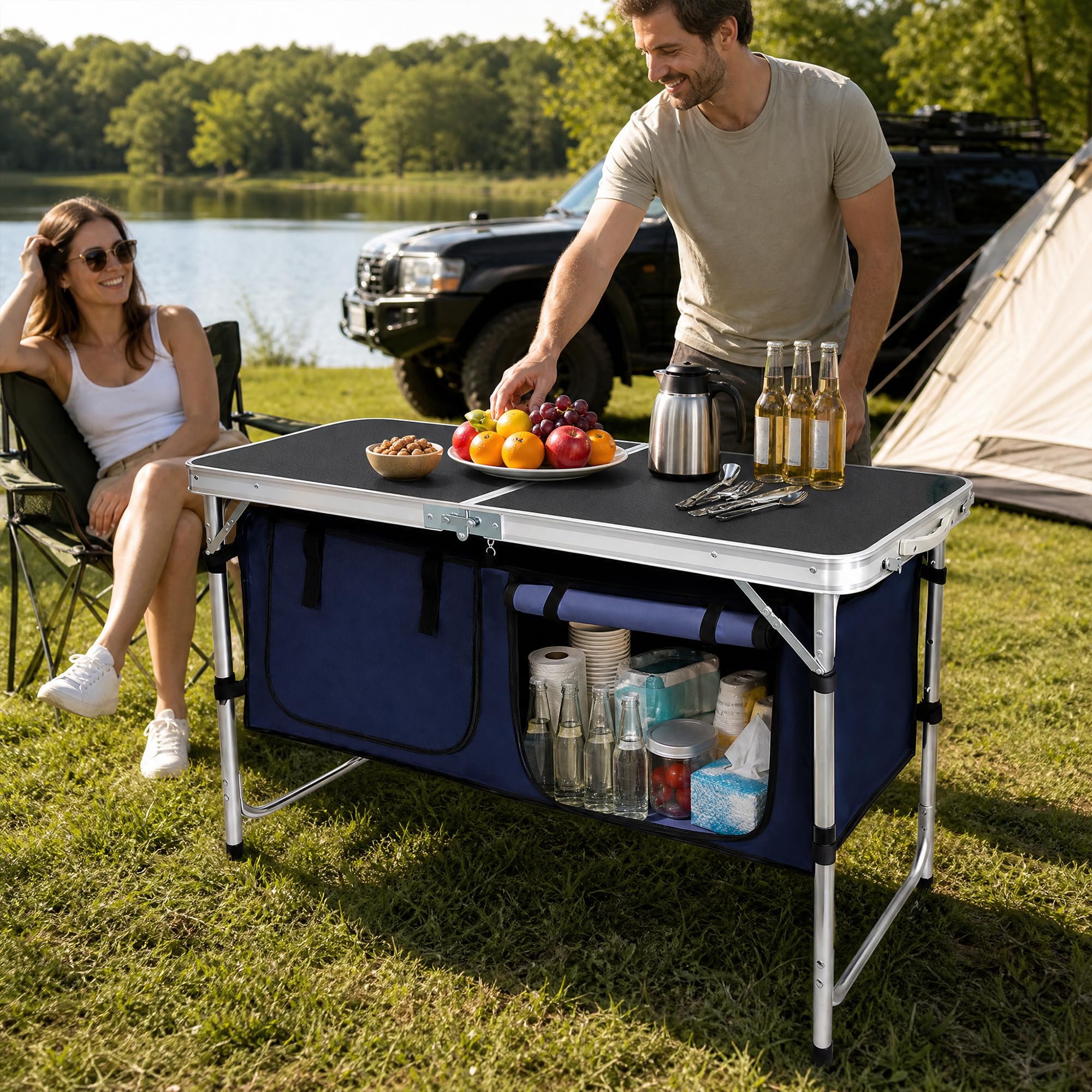 Campingküche faltbar, Leicht Campingschrank mit Aluminiumgestell und Staufach Tragetasche, Camping Küche Küchenbox Zeltschrank, Reiseküche für Outdoor Camping