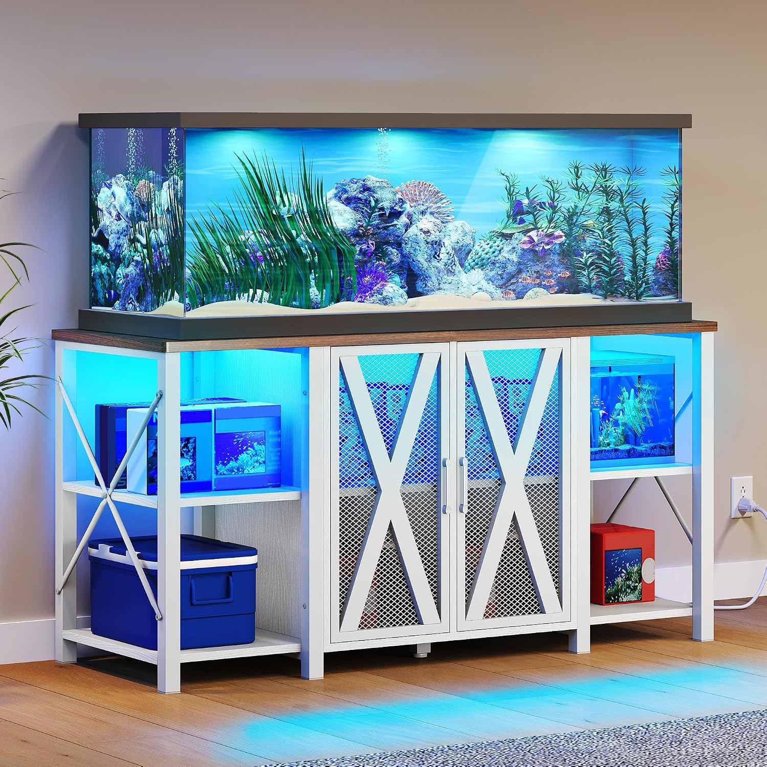 YITAHOME 90-120 Gallon Reptile Tank Stand with Power Outlet & LED Light, Heavy Duty Aquarium Stand with Accessories Storage Cabinet - Metal Fish Tank Stand for Turtle, Reptile, 2000LBS Capacity, White