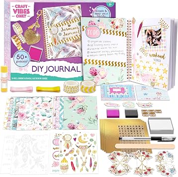 Good Vibes Journal DIY Set by Craft Vibes Only Personalized Diary - Custom Journals for Girls - Creative Writing Scrapbook Kit - Customize Your Notebook - Pen Included! - Ages 8 & Up