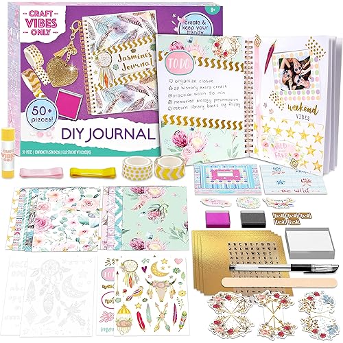Good Vibes Journal DIY Set by Craft Vibes Only – Personalized Diary - Custom Journals for Girls - Creative Writing Scrapbook Kit - Customize Your Notebook - Pen Included! - Ages 8 & Up