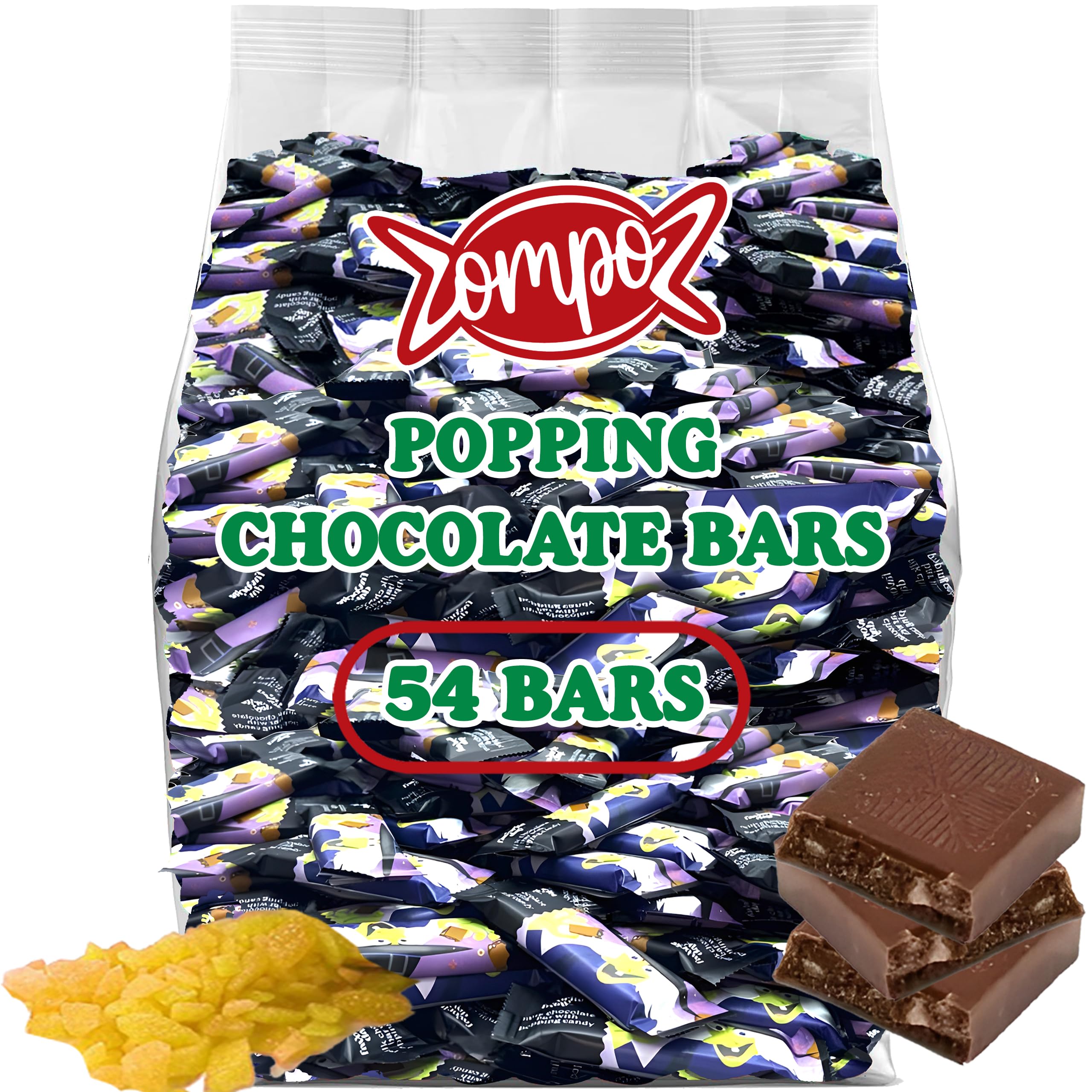 Popping Milk Chocolate Bars with Popping Candy, 40-Count Individually Wrapped Snack Size Chocolate Candies for Goodie Bags, Party Favors, Piñata, Candy Dish, 2 Candy Bags
