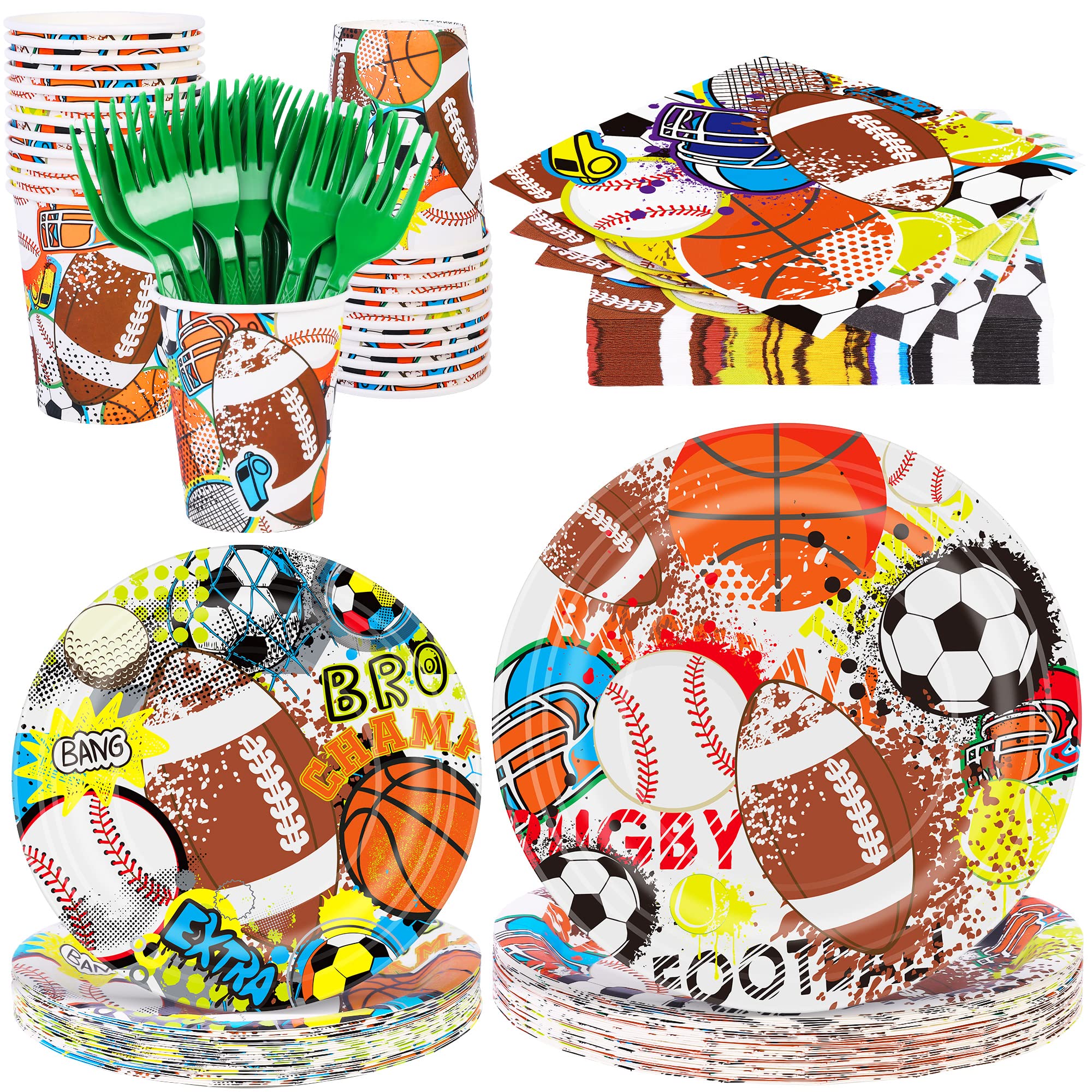 durony 144 Pieces Sports Themed Paper Plates and Napkins Dinnerware Set Sports Birthday Party Tableware Paper Plates Napkins Forks Serve 24 for Rugby