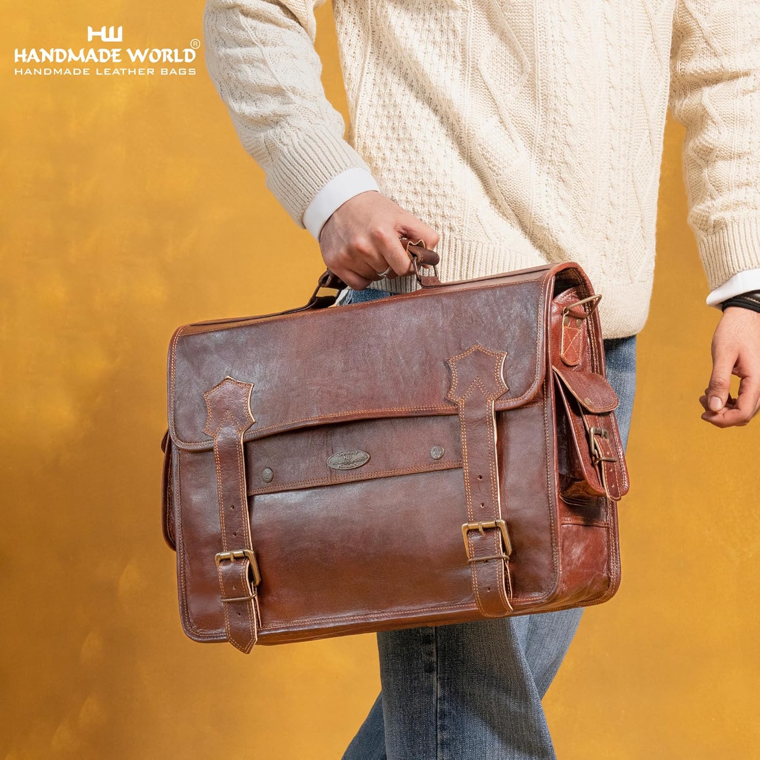 Handmade World Leather Messenger Bag 'The BrownStone' fits 18 Inch Genuine Leather Briefcase Computer Satchel For Men Office Work Travel Business