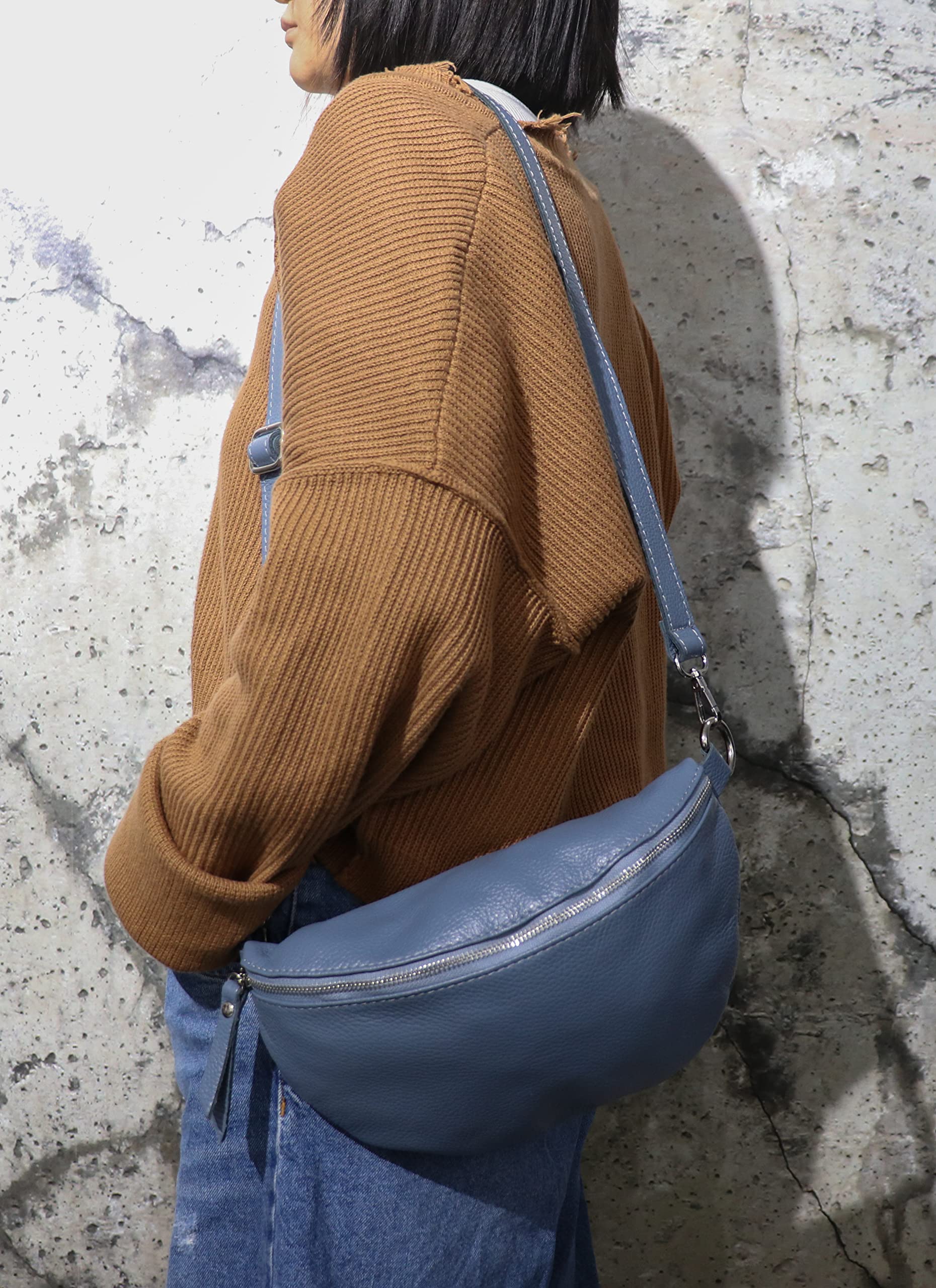 SH Leder ® Lala G399 Sac Banane Unisexe en Cuir véritable pour Festival, Voyage, Grand Sac à bandoulière, 30 x 18 cm