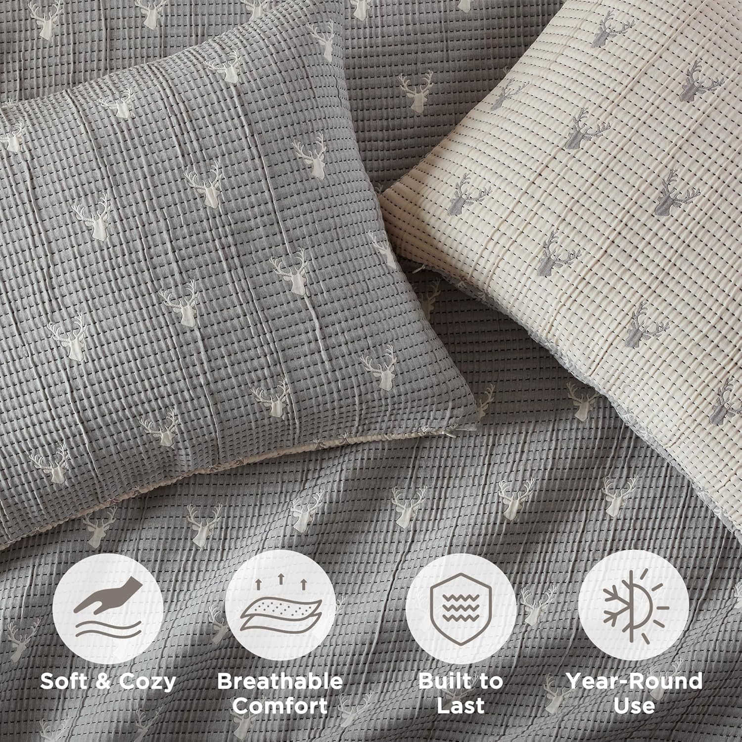 Woolrich Coverlet Set Rustic Lodge Design, 3 Piece Set All Season, Lightweight Reversible Farmhouse Bedspread Bedding, Shams, Full/Queen, Gray - Image 4