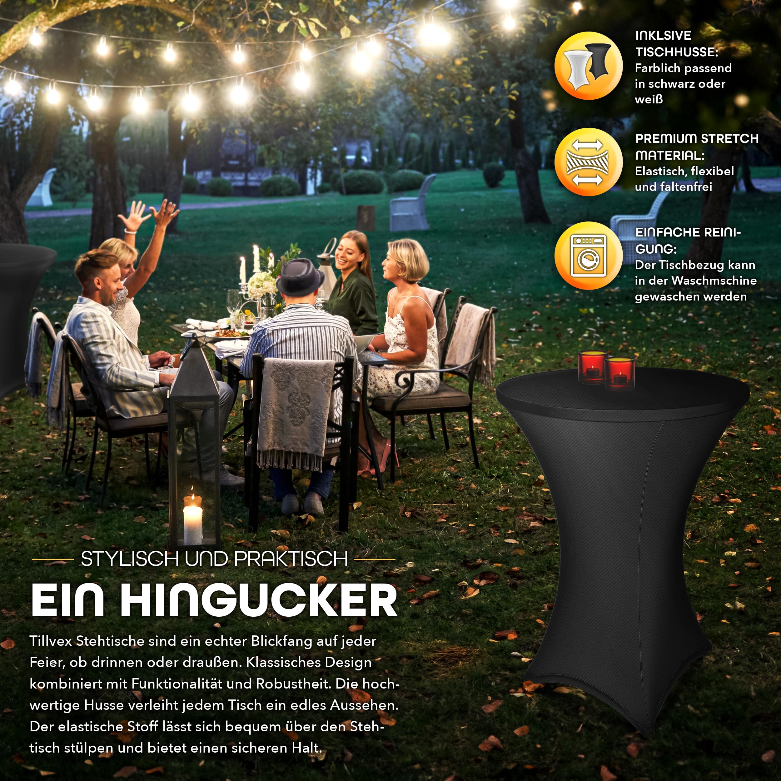 tillvex® Gastro Stehtisch klappbar Ø80cm mit Husse | Bistrotisch FERTIG MONTIERT | Klapptisch rund - wetterfester Partytisch | Gartentisch Indoor & Outdoor