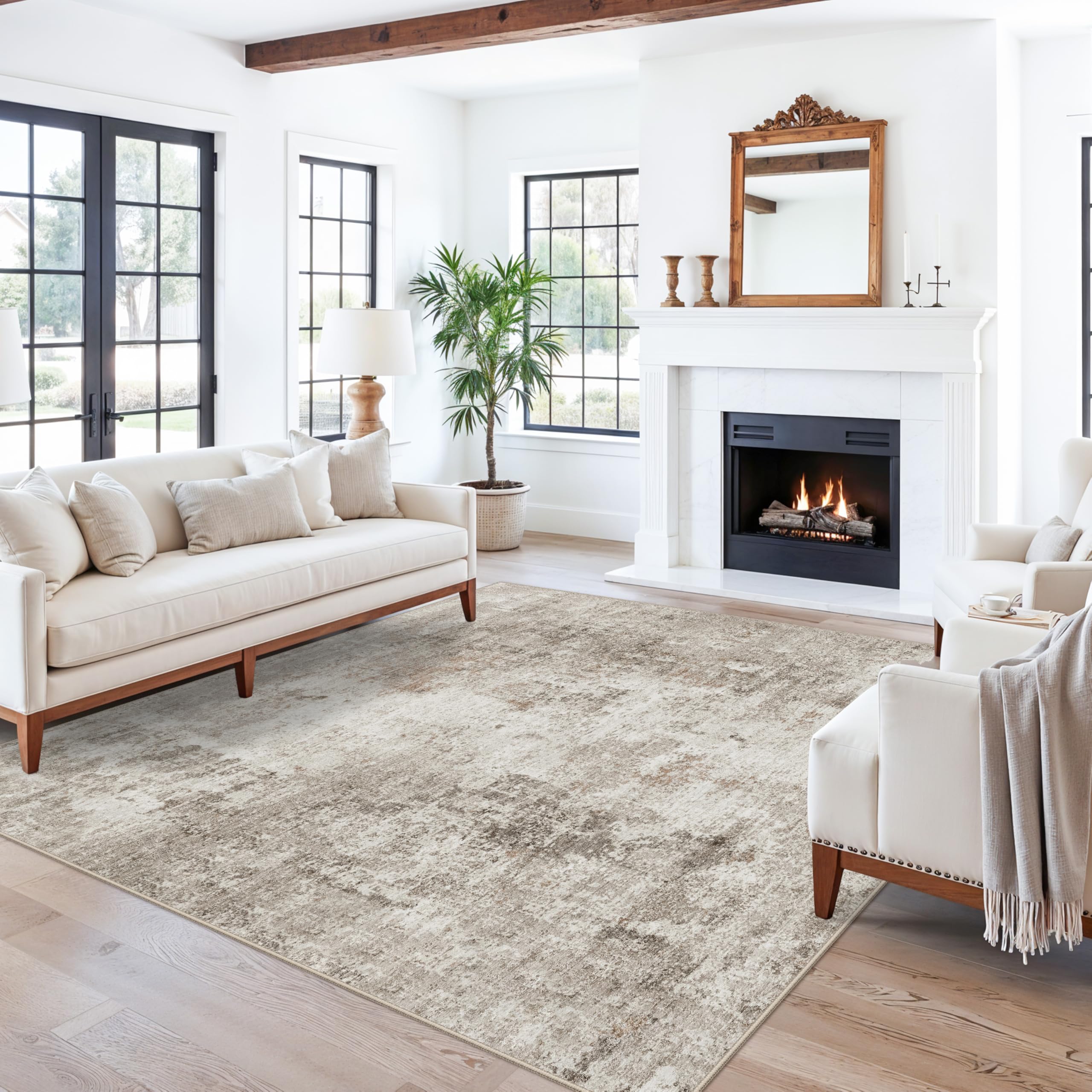 ZHXXUJ 7x7 Square Washable Area Rug, Non-Slip Indoor Rug for Living Room Bedroom Dining Room, Low Pile Stain Resistant Modern Abstract Neutral (Beige/Grey) — image 1