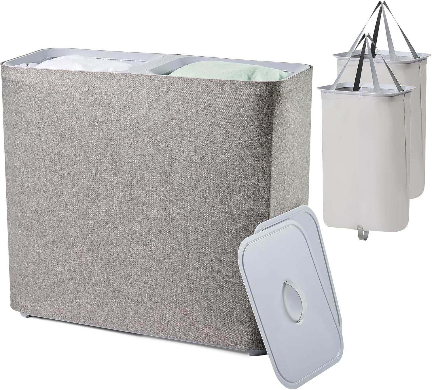 150L laundry hamper with lid, Large-sized Laundry Baskets, Portable 2 Dividers Dirty Clothes Basket with Handles, for Bedroom Laundry Room Closet Bathroom College, Grey