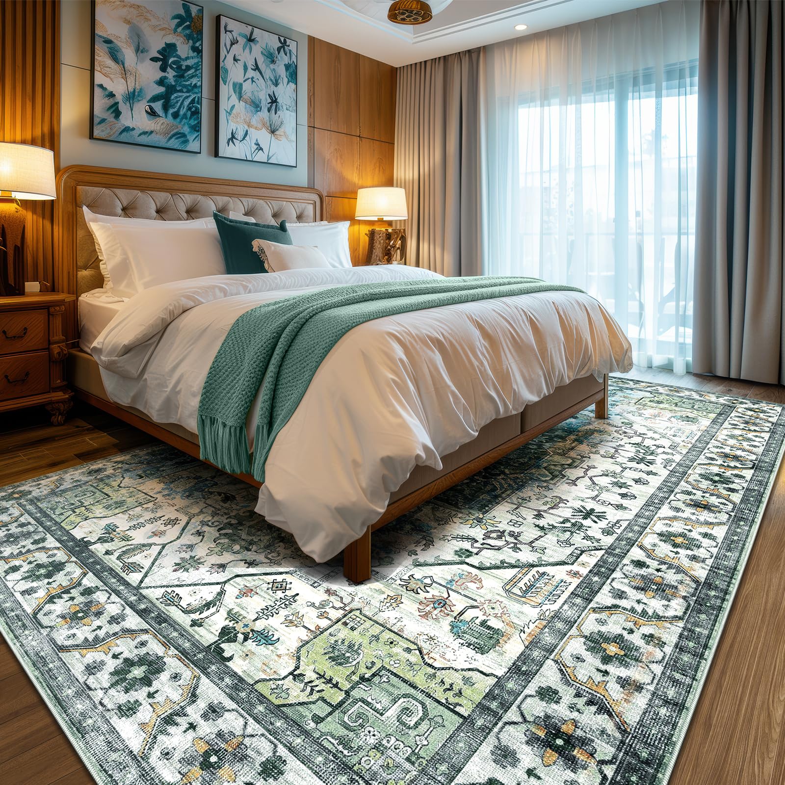XSIVOD Green Area Rugs for Living Room, Washable Large Rugs for Bedroom, Non Slip Vintage Rugs for Dining Room Office, Soft Low Pile Floral Rug Accent Floor Carpet for Home Decor, 240 x 300 cm