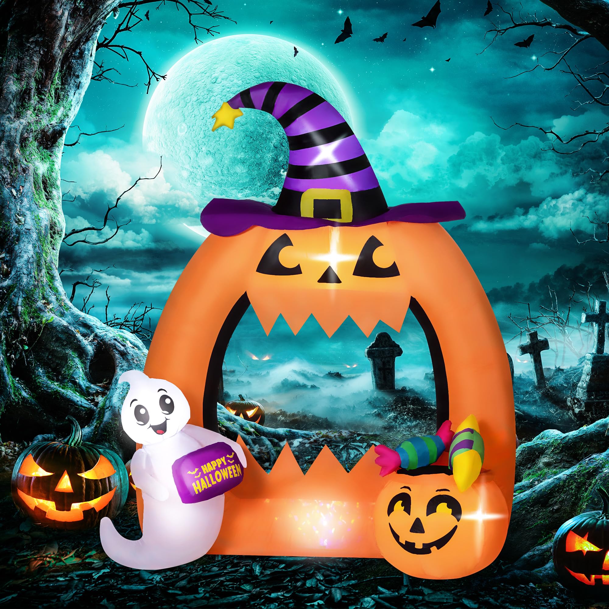 Outsunny Halloween nadmuchiwany łuk dyniowy 150H cm z uroczym duchem, nadmuchiwany łuk z lampkami LED na trawnik, ogród, podwórko