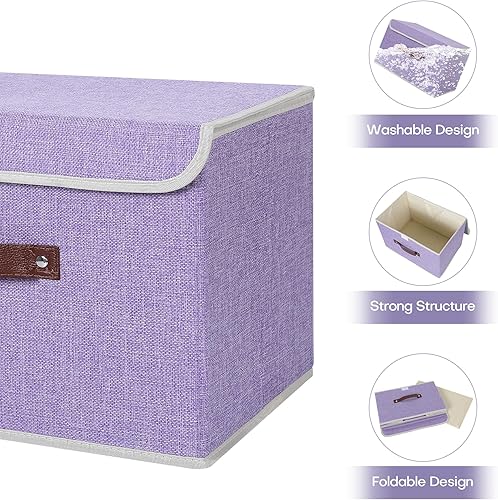 Miniatura 4 de ANMINY 2 contenedores de almacenamiento con tapa, asas de piel sintética, cajas de almacenamiento de plástico PP, decorativas, plegables, de tela de