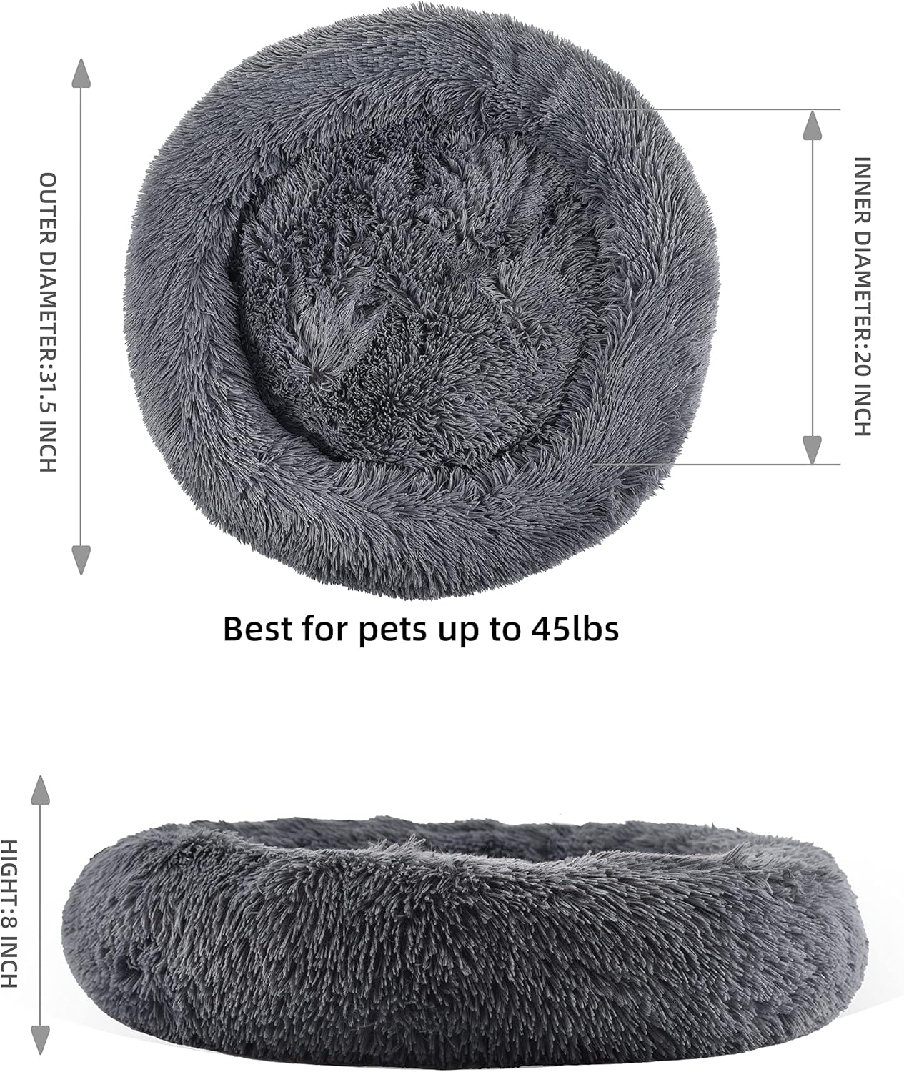 Gavenia Cat Beds for Indoor Cats -31.5’’x31.5’’Washable Donut Cat and Dog Bed,Soft Plush Pet Cushion,Waterproof Bottom,Calming and Self Warming Bed for and Sleep Improvement,Dark Grey