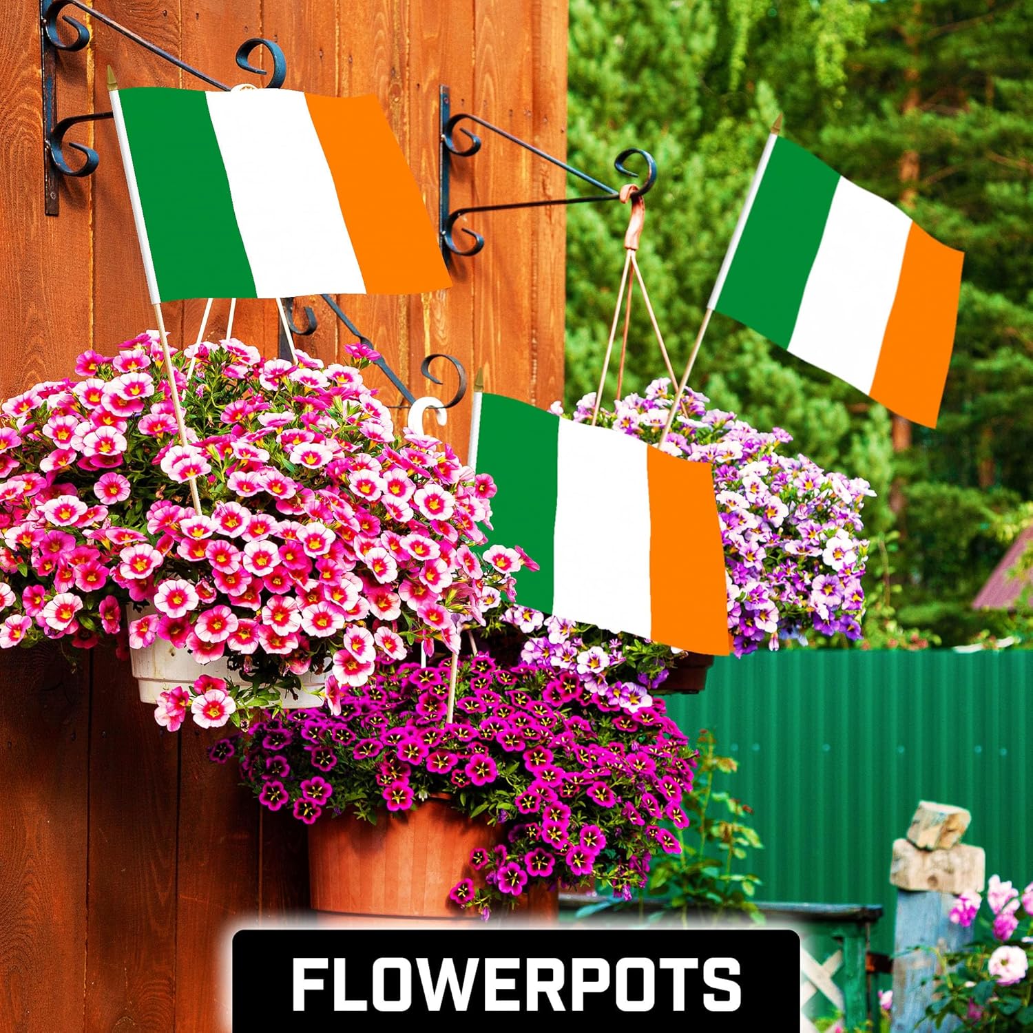 G128 12 Pack Handheld Ireland Irish Stick Flags | 12x18 In | Printed 150D Polyester, Country Flag, Solid Wooden Stick, Spear Gold Tip