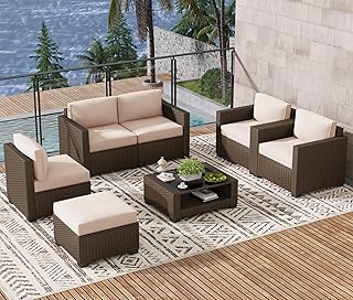 LOUVIXA 7 Piece Outdoor Patio Furniture Set, Rattan Chairs Glass Table W...