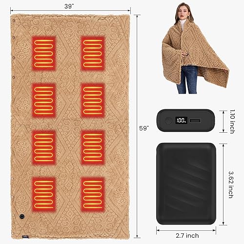 Miniatura 5 de Manta térmica lanuda con banco de energía, manta térmica de piel sintética suave, calentamiento rápido, 3 ajustes de calor, manta eléctrica lavable
