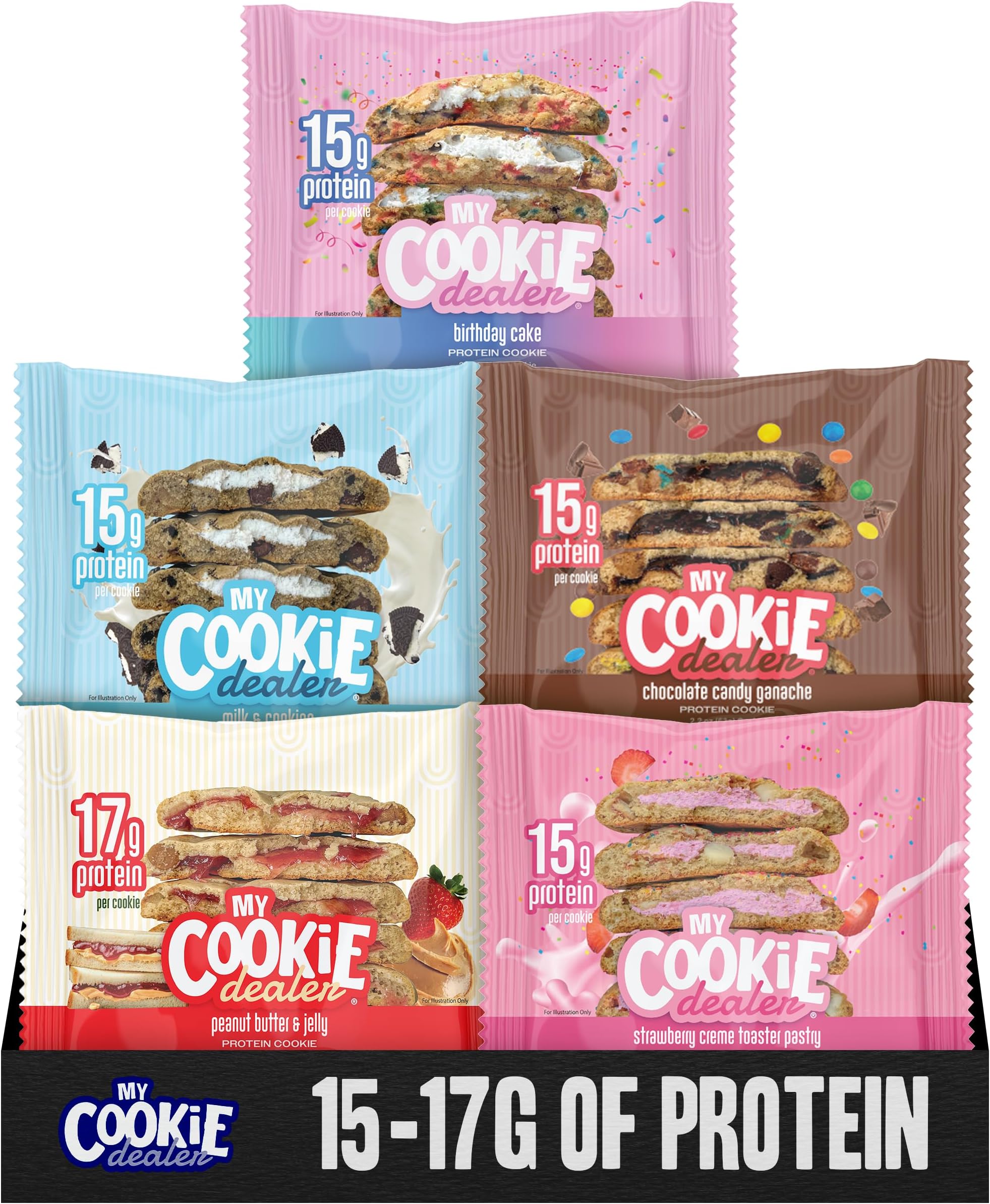 Protein Cookies, Variety Pack (5-Pack, 2.2oz Each) - 15-17g of Protein per Cookie - Individually Wrapped Travel Snacks