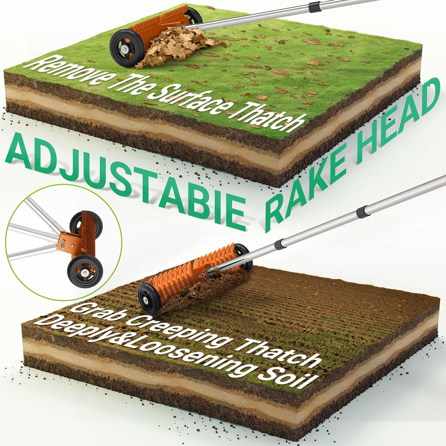 Thatch Rake for Lawn, 15-Inch Dethatcher Rake with Rolls Efficient Steel Metal Rake, Adjustable 0-15°, 38-68 Inch Handle, Heavy-Duty Thatching Rakes for Cleaning Dead Grass, Yard Garden Care (Coral)