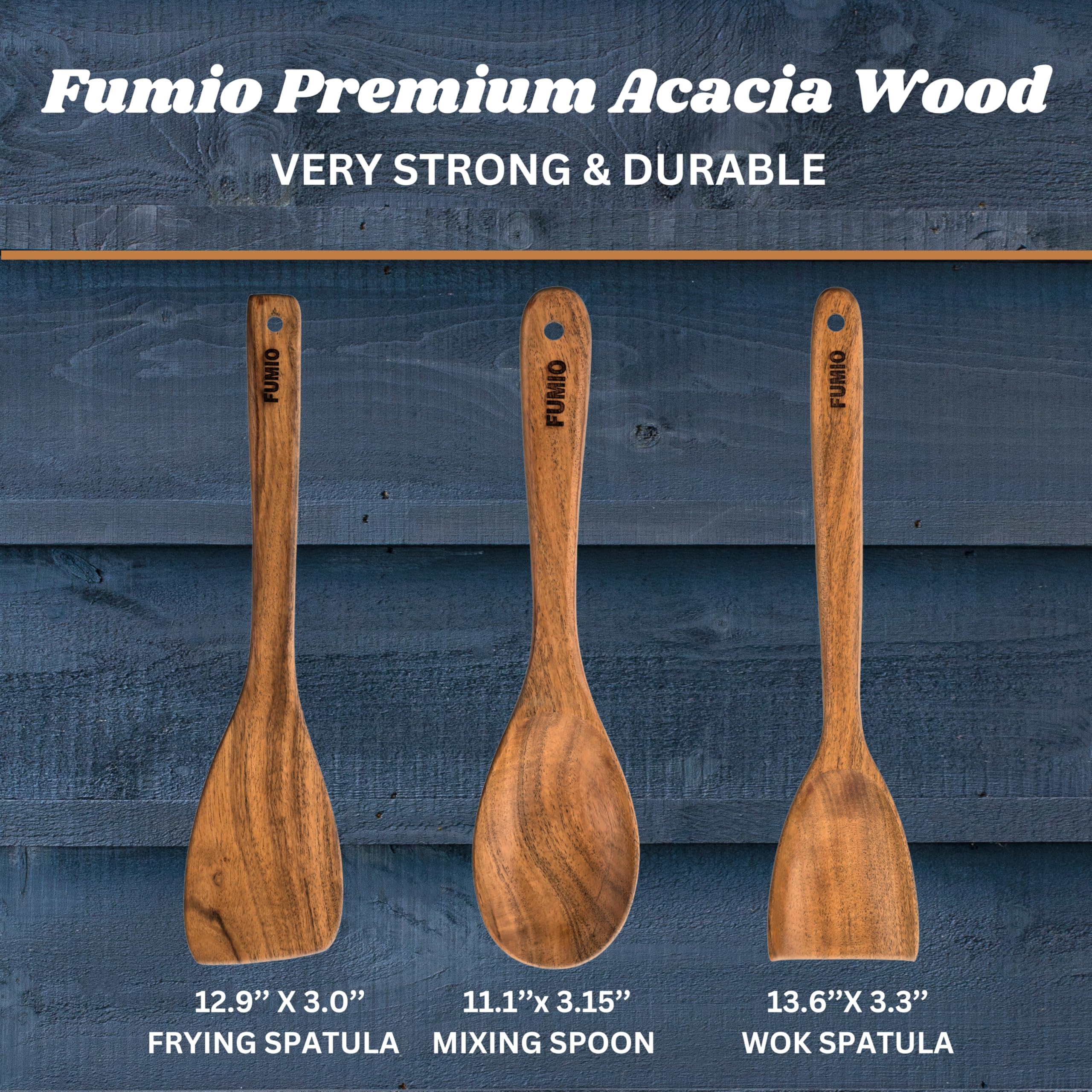 FUMIO Juego de 3 cucharas y espátulas de madera de acacia, utensilios de cocina de madera natural de alta calidad para cocinar, remover y servir, y diseño resistente al calor, hecho a mano