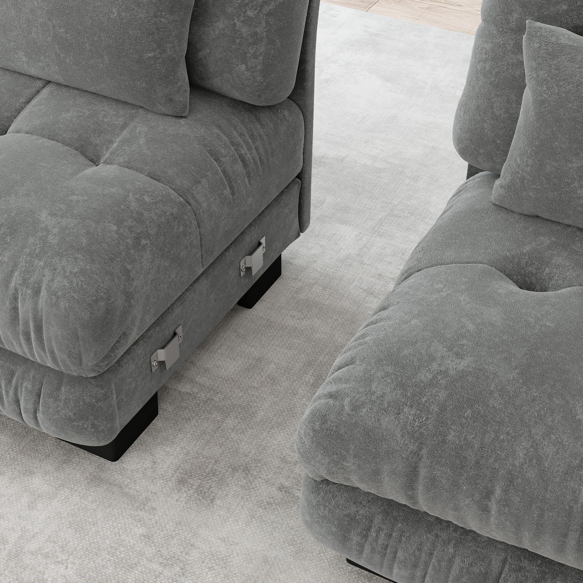 Cloud Divano ad angolo per soggiorno, in ciniglia, doppio divano con 2 cuscini lombari e 2 cuscini decorativi, divano imbottito con braccioli larghi e pouf (grigio+2 posti)