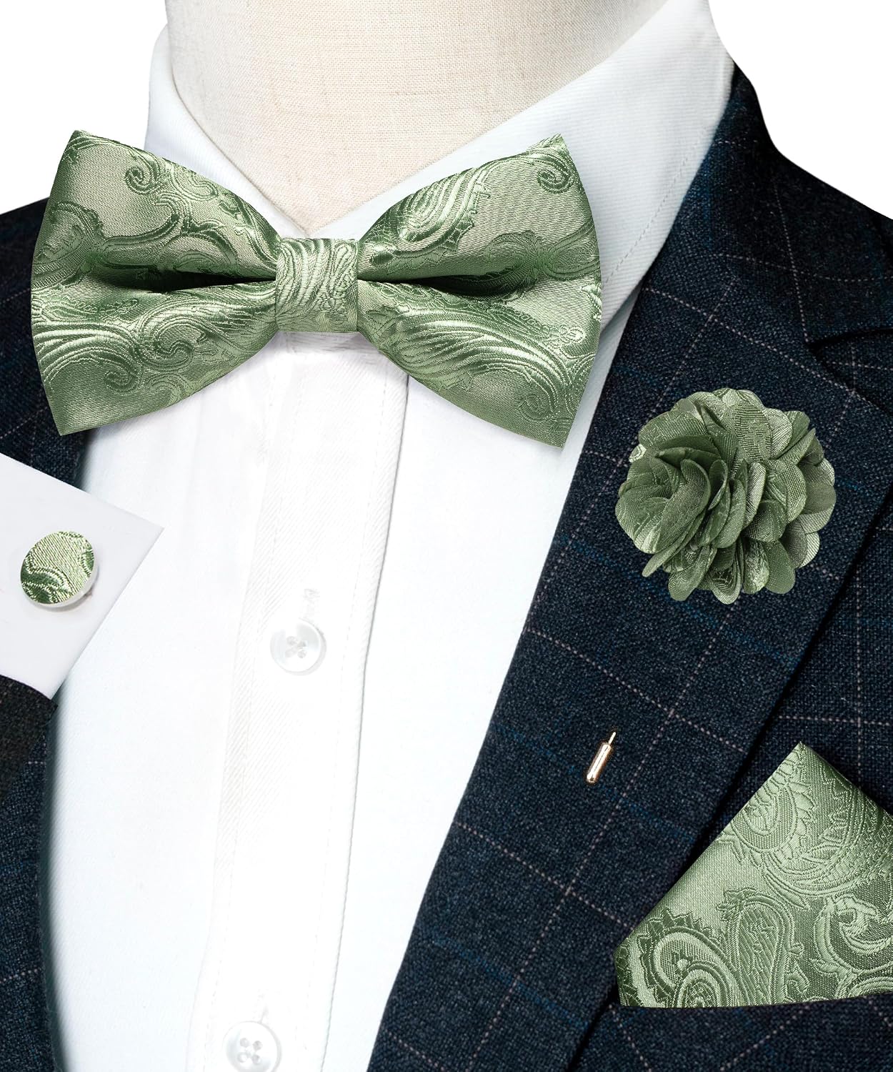 RBOCOTT Paisley Bow Tie and Pocket Sqaure Set with Lapel Pin and Cufflinks for Men