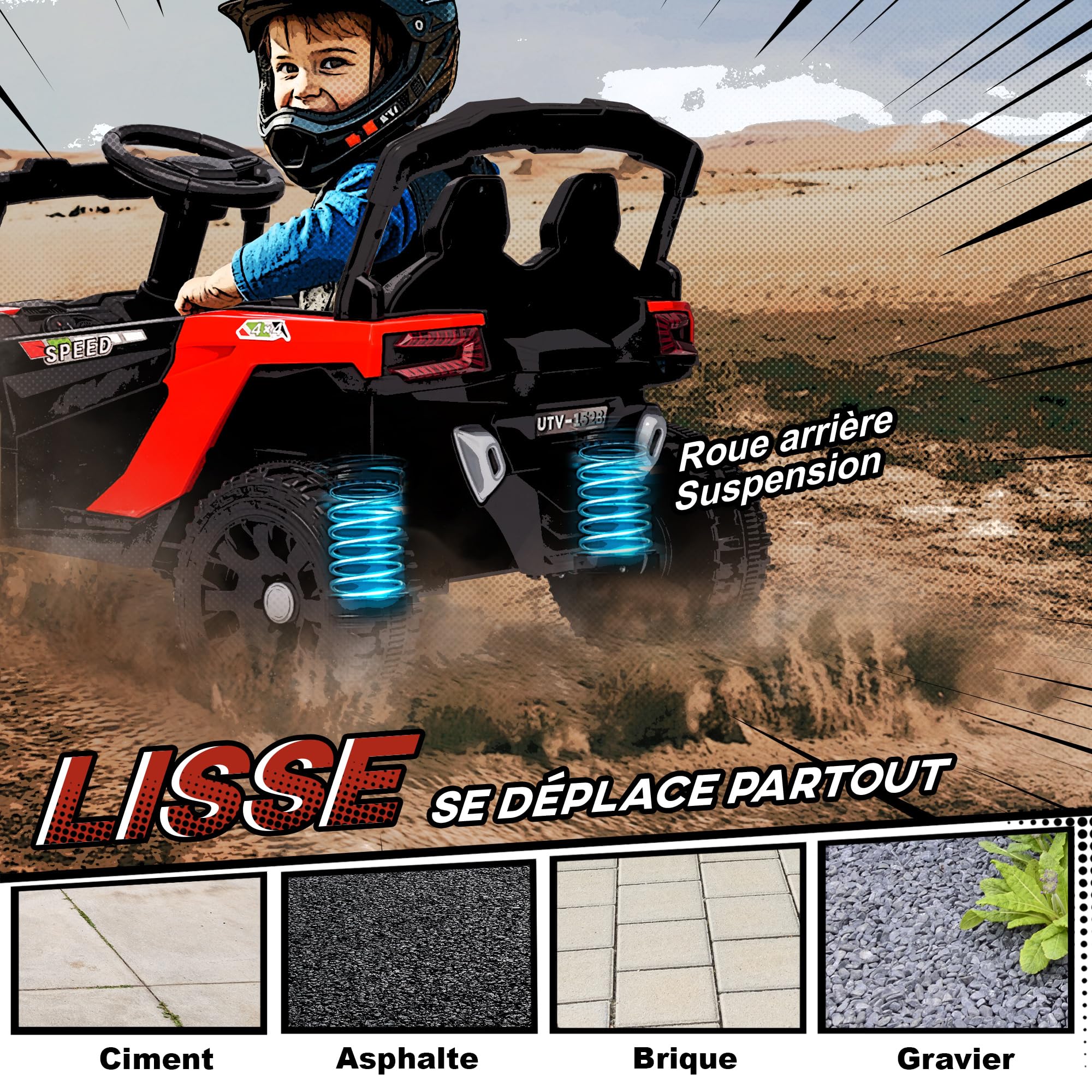 AIYAPLAY Voiture Électrique Enfant UTV, 12 V à 2 Moteurs 3-8 Ans Rouge | Buggy Électrique Enfant, avec Télécommande, Phares LED, Musique et Klaxon