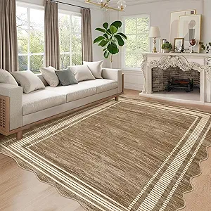 GarveeHome Washable Scalloped Rug 10x13 Area Rugs, Modern Neutral Living Room Rugs,Large Washable Solid Farmhouse Carpet Abstract Bordered Carpet for Bedroom Apartment Table Dorm Nursery,Brown