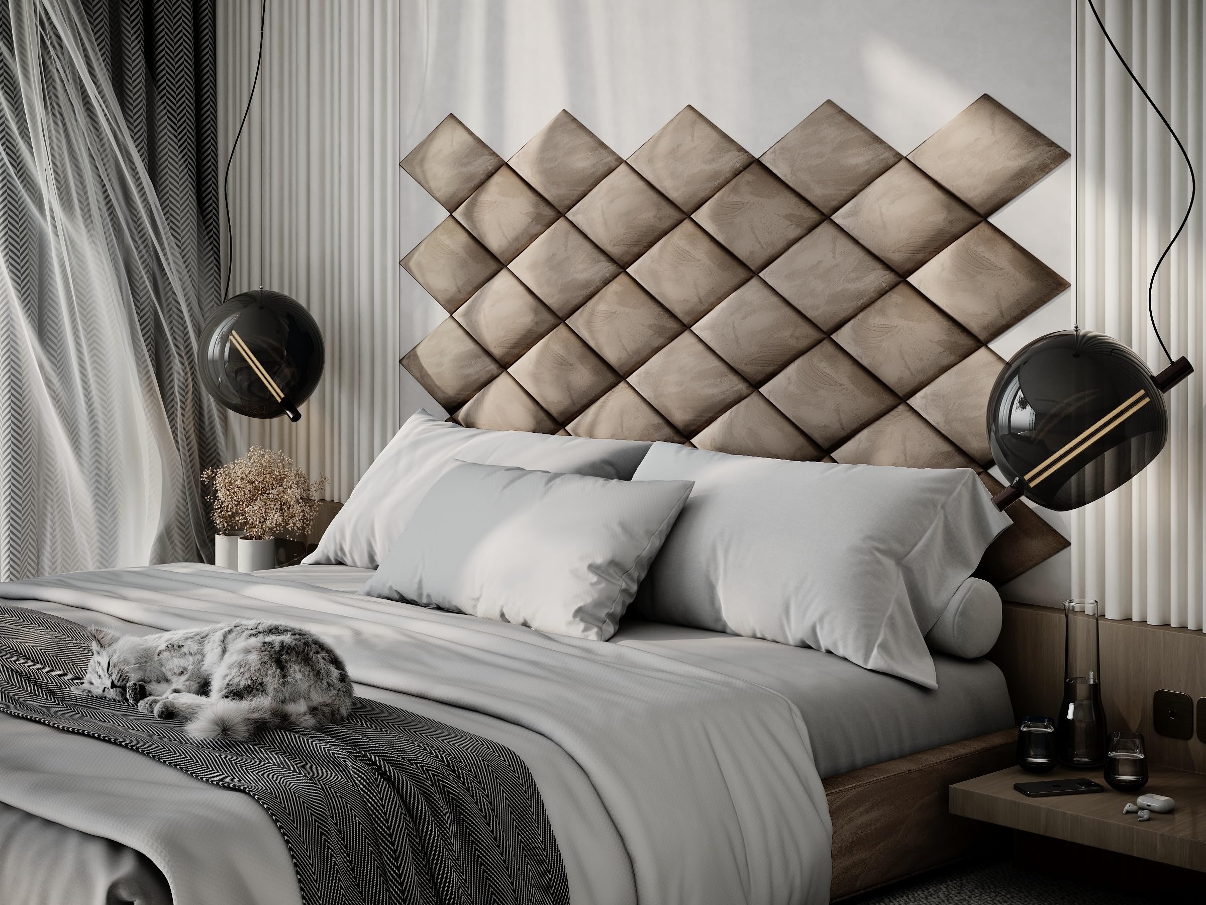 2 Pack — Upholstered Decorative Wall Panels Velvet Headboard Padding | Cushioned Planks | Padded Decor Collision Avoidance | Acoustic Soundproofing Treatment | (Beige, 2x Rhombus (25x43cm))