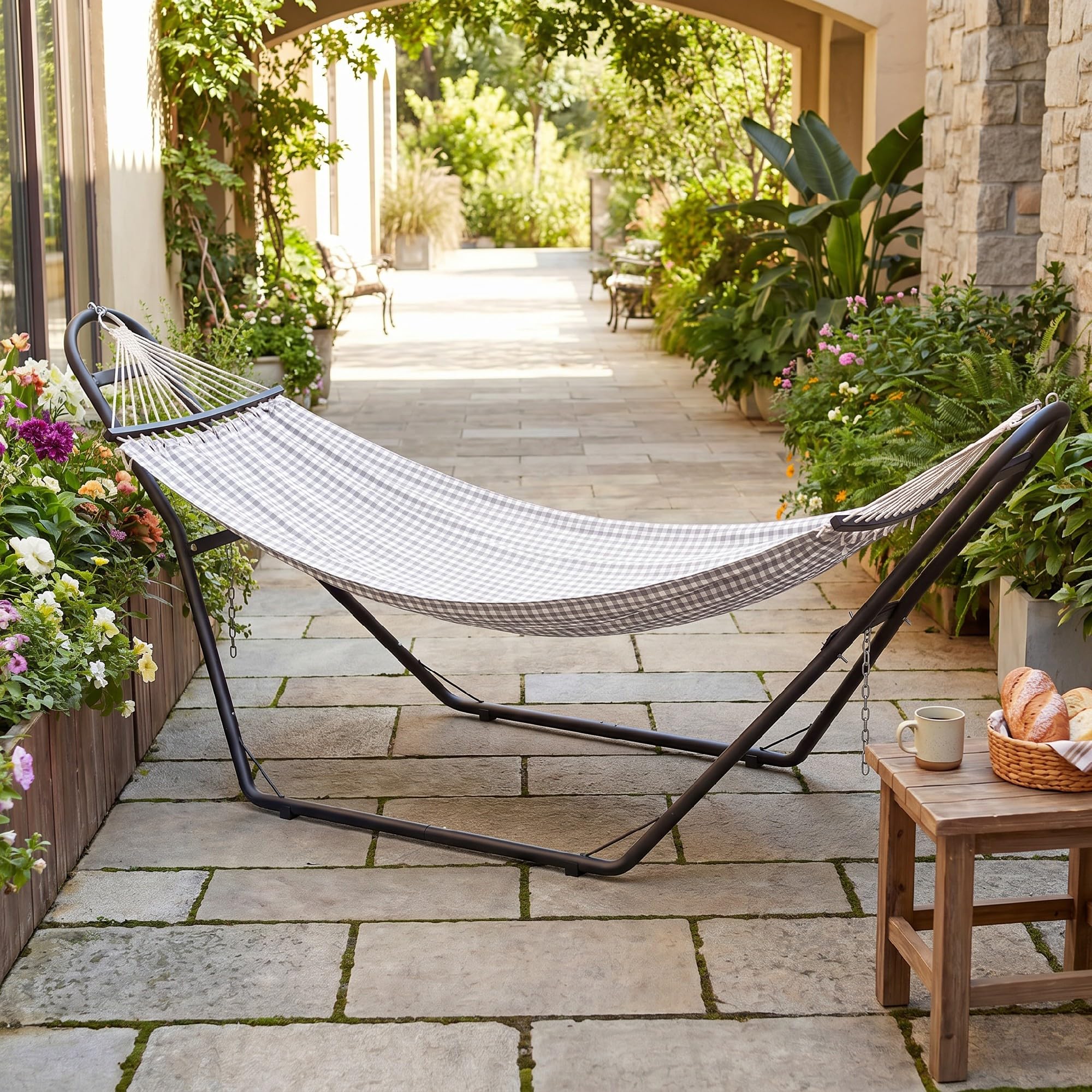 Outsunny Support de Hamac pour 2-3 Personnes, Cadre en Acier Réglable et Portable, Résistant aux Intempéries, Adapté aux Balancelles de 2,75 à 4 m, Capacité Maximale 150 kg, Noir