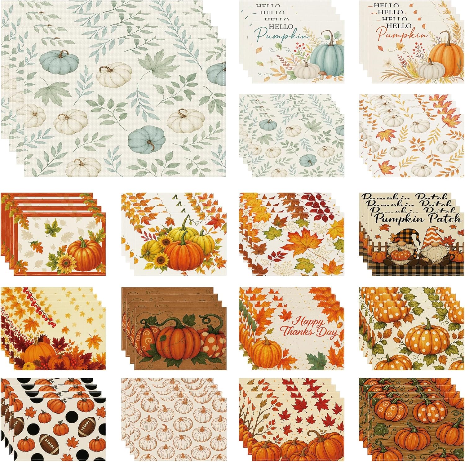 Pumpkins Maple Leaves Fall Placemats Set of 4, 12x18 Inch Seasonal Autumn Thanksgiving Table Mats for Party Kitchen Dining Decoration (Thanksgiving-4, 12‘’x18‘’) Thanksgiving-4 12‘’x18‘’