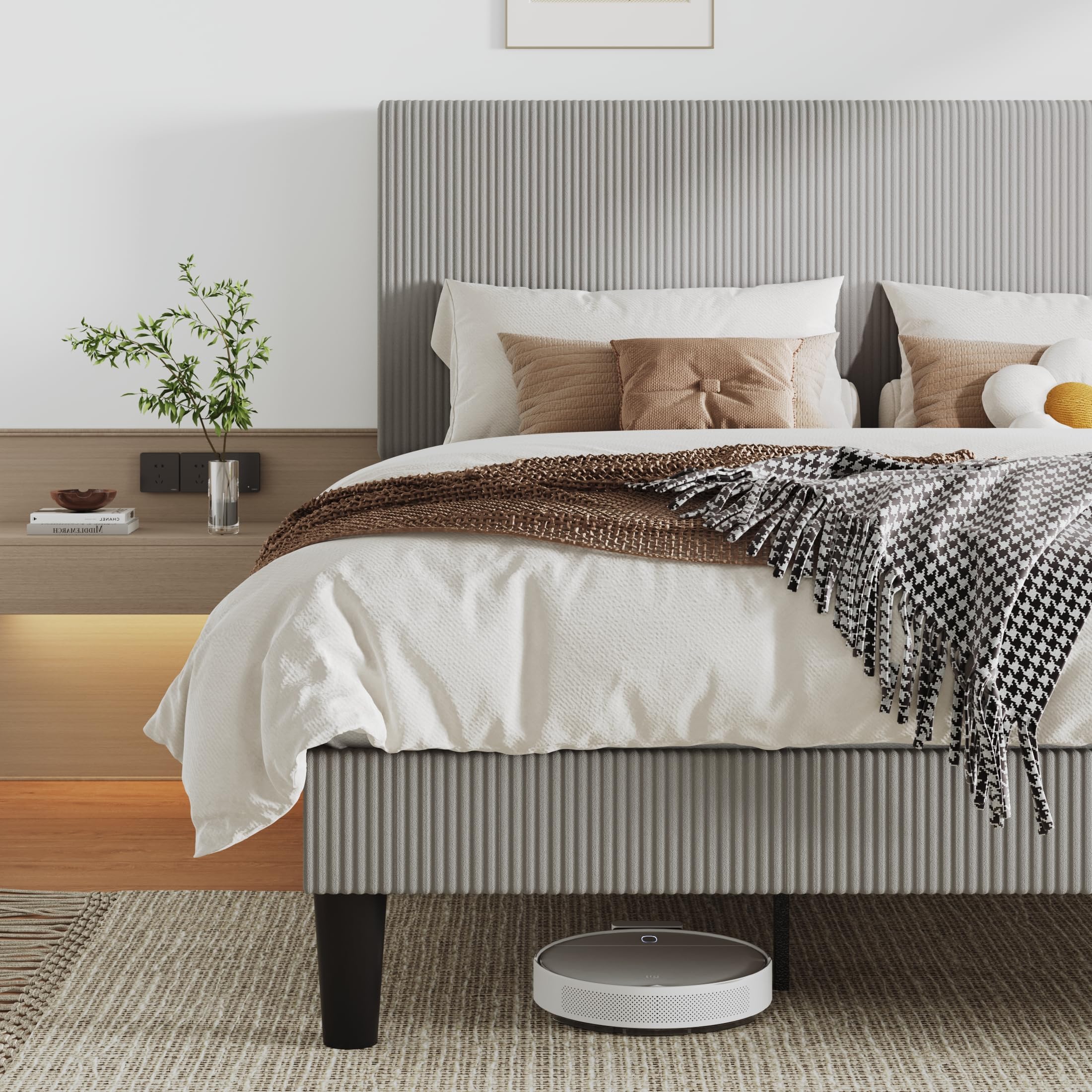 Allewie King Size Upholstered Bed Frame with Vertical Channel Tufted Headboard Soft Corduroy Fabric Platform Bed Strong Wooden